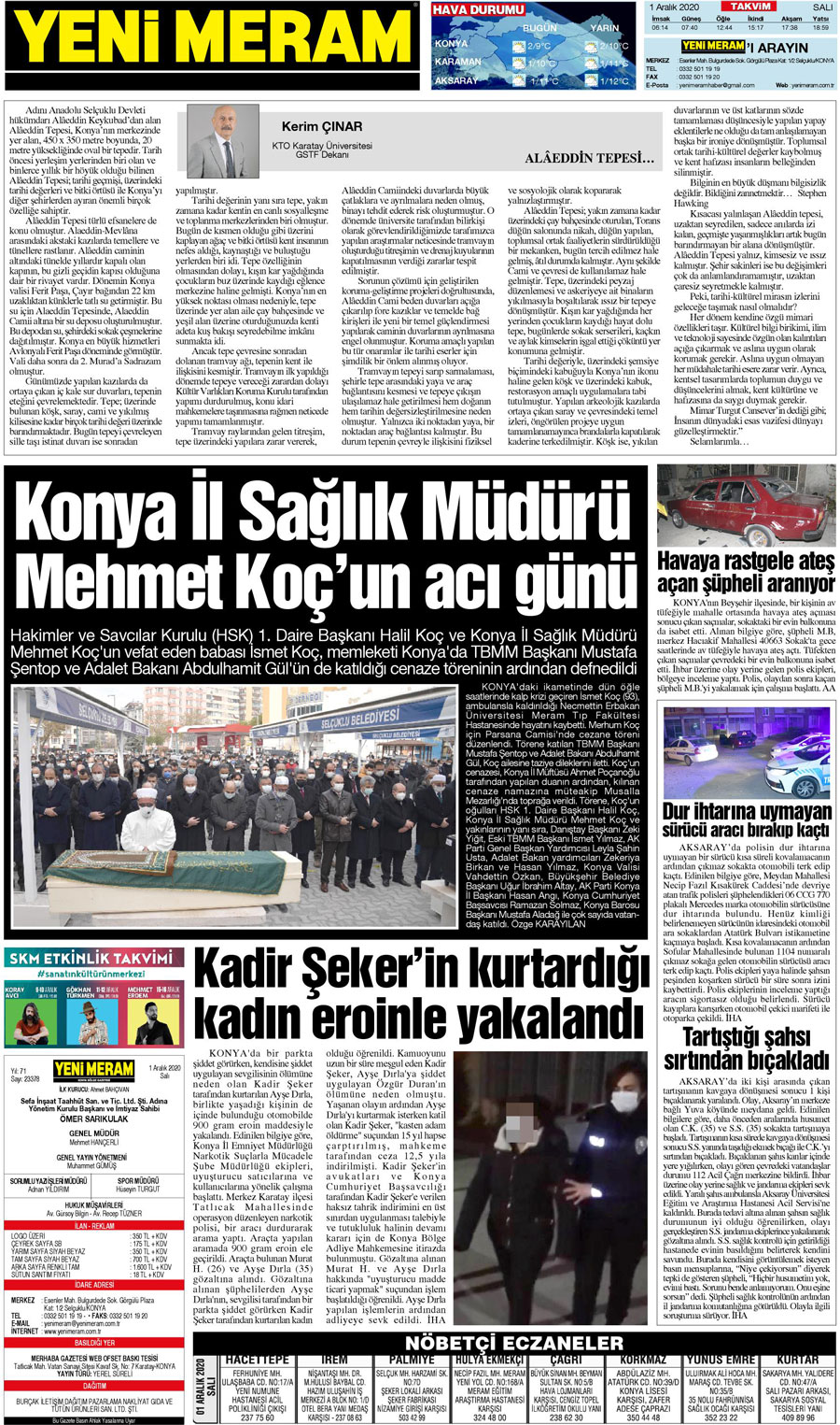 1 Aralık 2020 Yeni Meram Gazetesi