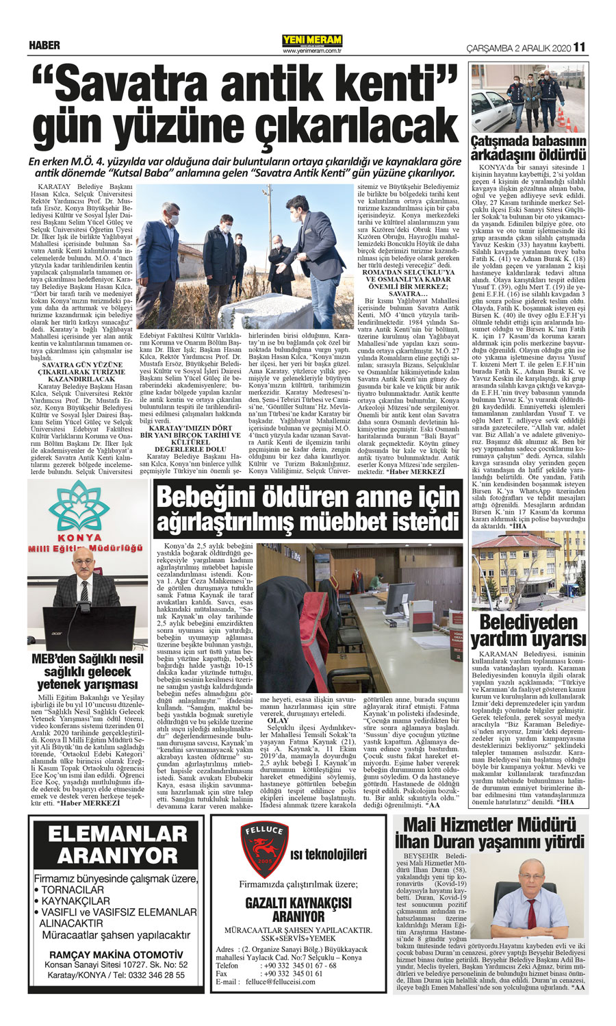 2 Aralık 2020 Yeni Meram Gazetesi