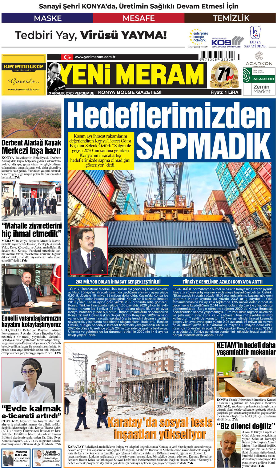 3 Aralık 2020 Yeni Meram Gazetesi