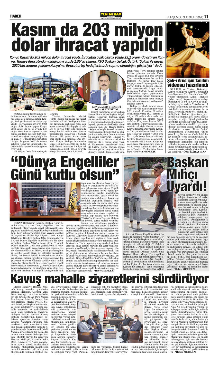 3 Aralık 2020 Yeni Meram Gazetesi