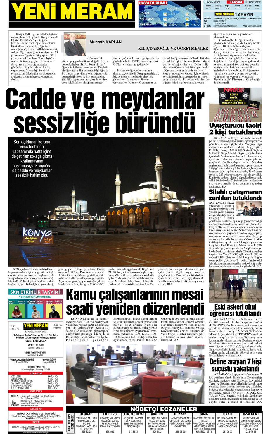 3 Aralık 2020 Yeni Meram Gazetesi