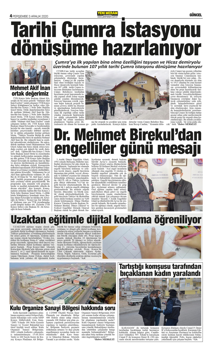 3 Aralık 2020 Yeni Meram Gazetesi