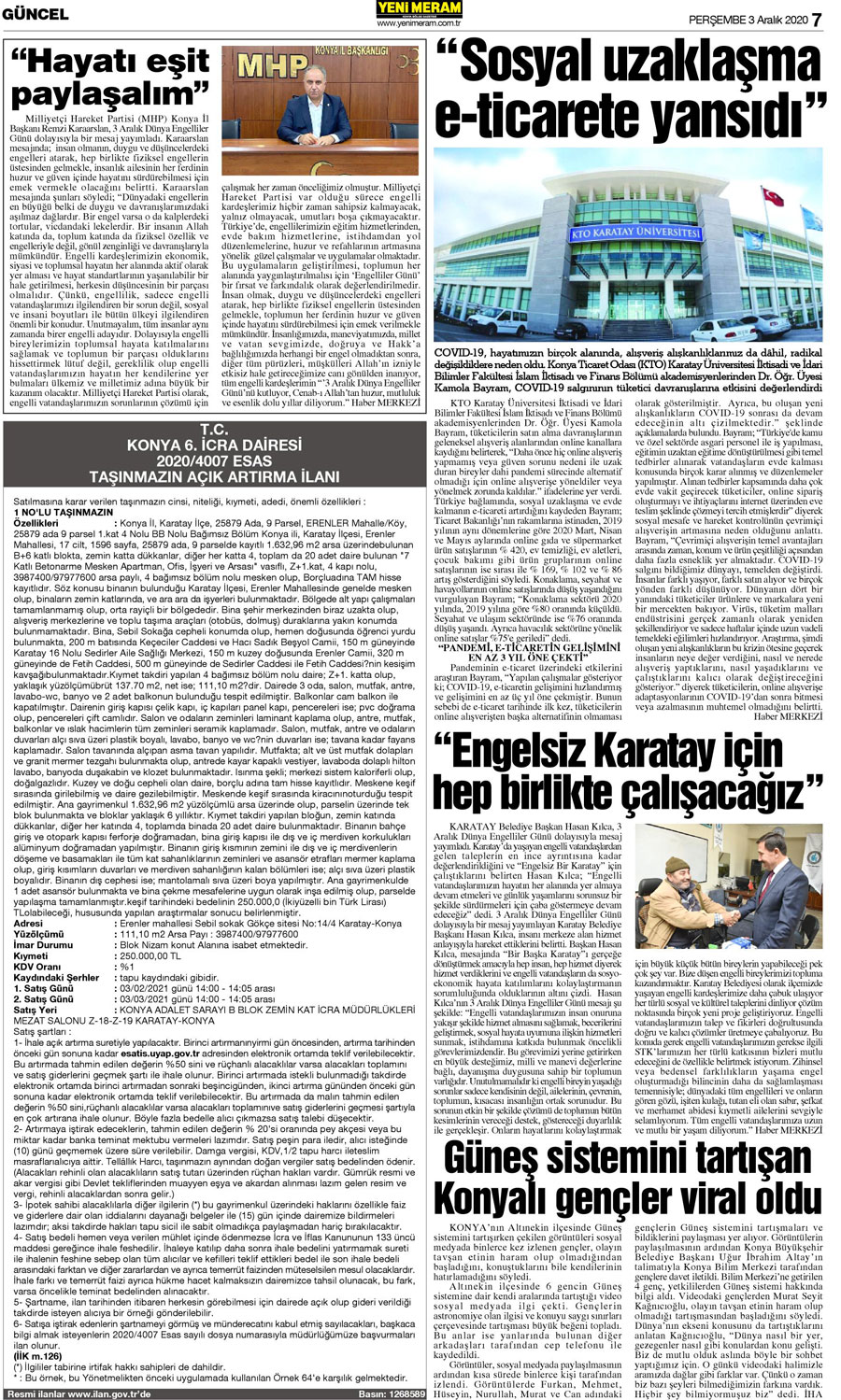 3 Aralık 2020 Yeni Meram Gazetesi