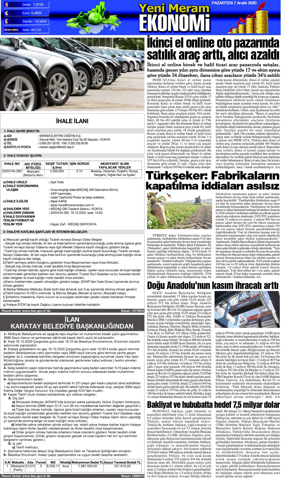 7 Aralık 2020 Yeni Meram Gazetesi