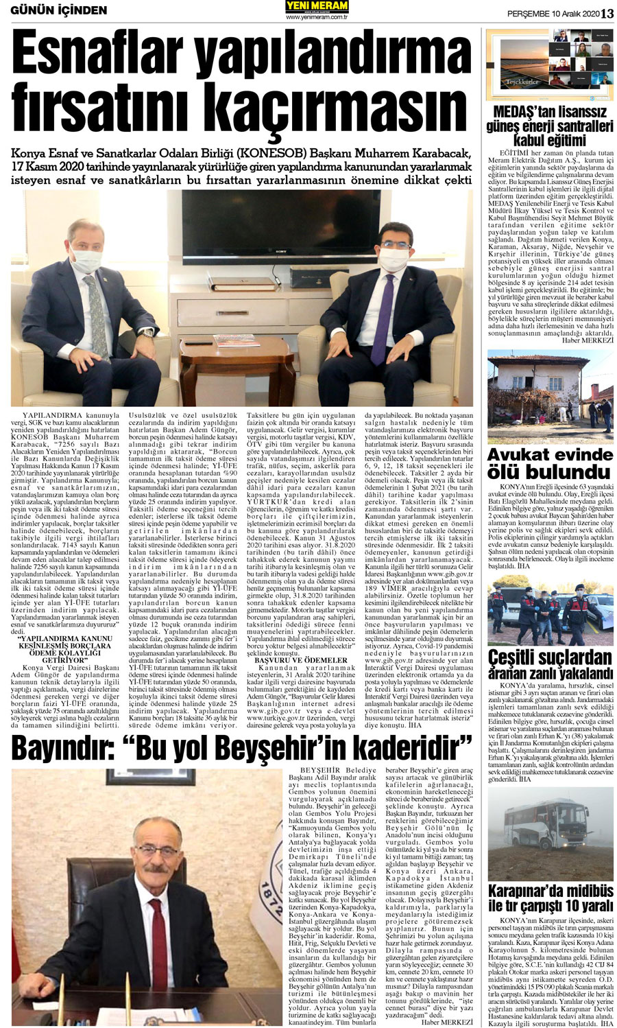 10 Aralık 2020 Yeni Meram Gazetesi