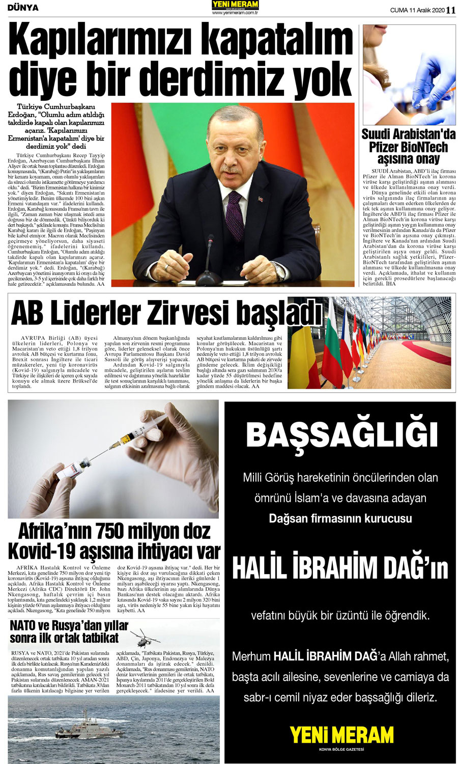 11 Aralık 2020 Yeni Meram Gazetesi