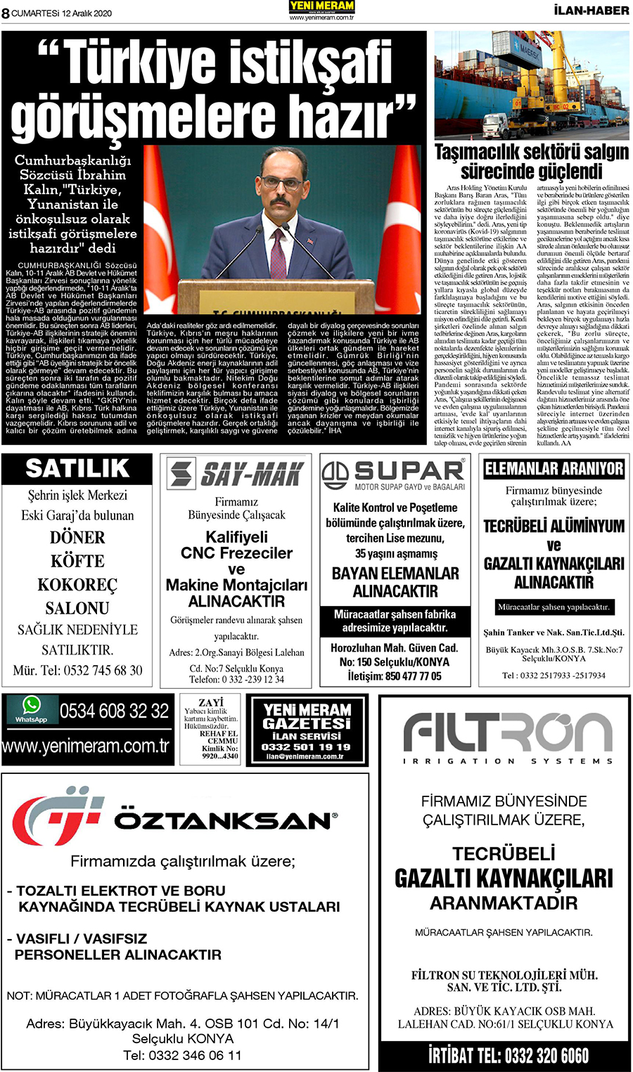 12 Aralık 2020 Yeni Meram Gazetesi