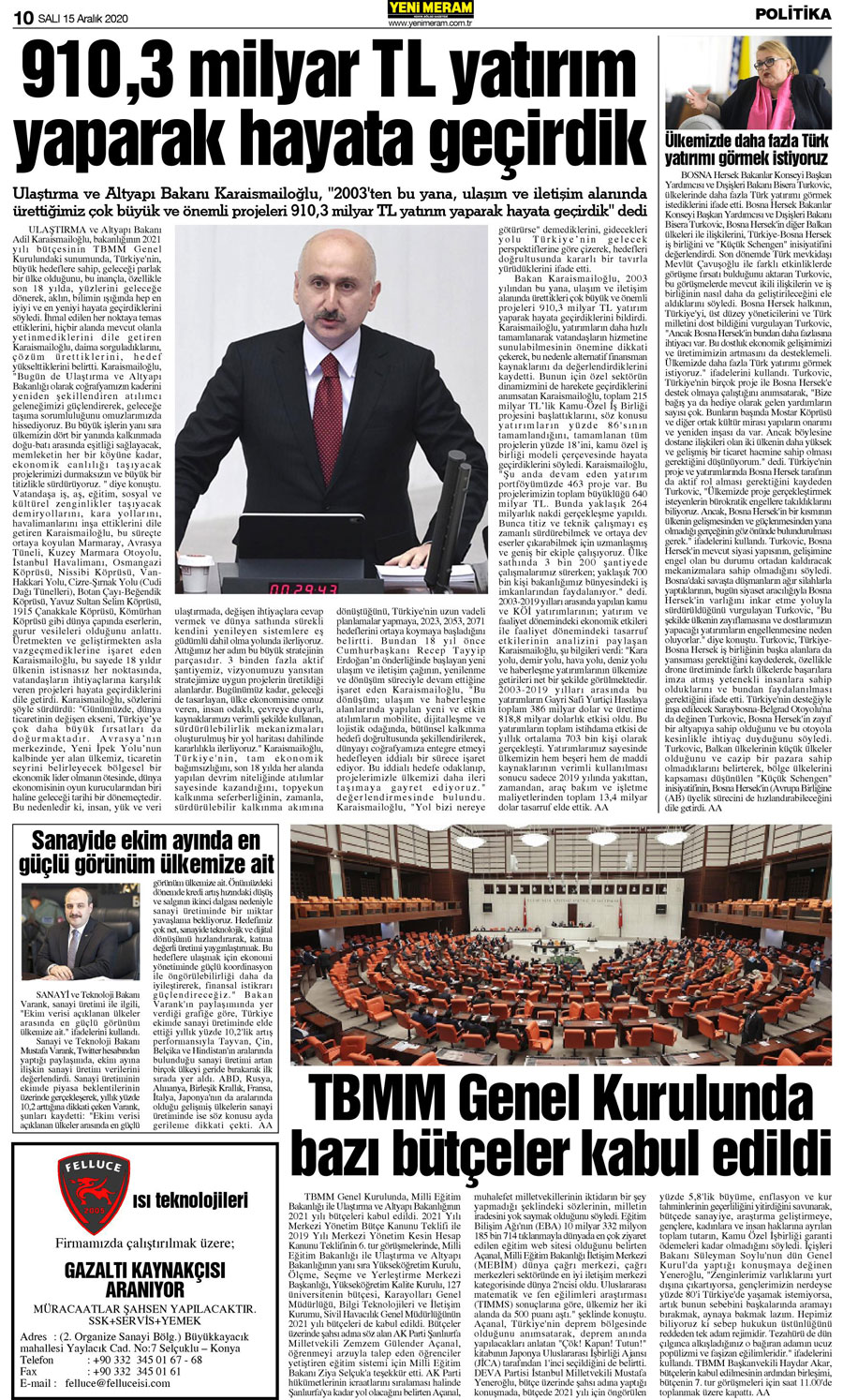 15 Aralık 2020 Yeni Meram Gazetesi