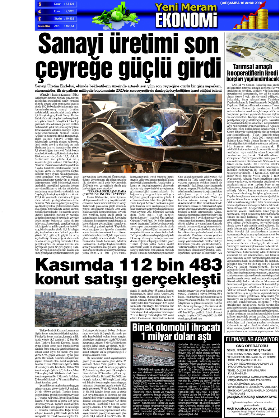 16 Aralık 2020 Yeni Meram Gazetesi