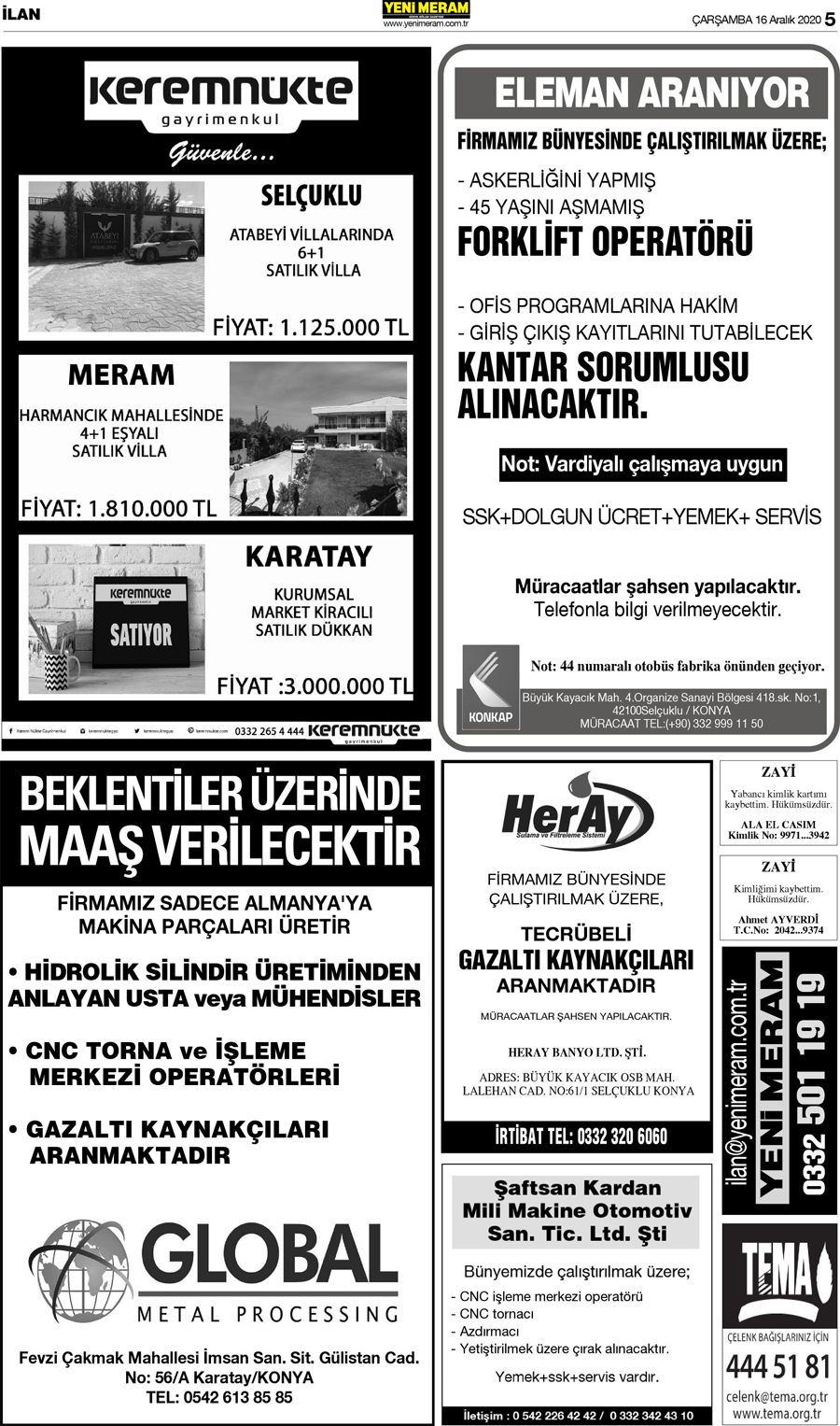 16 Aralık 2020 Yeni Meram Gazetesi