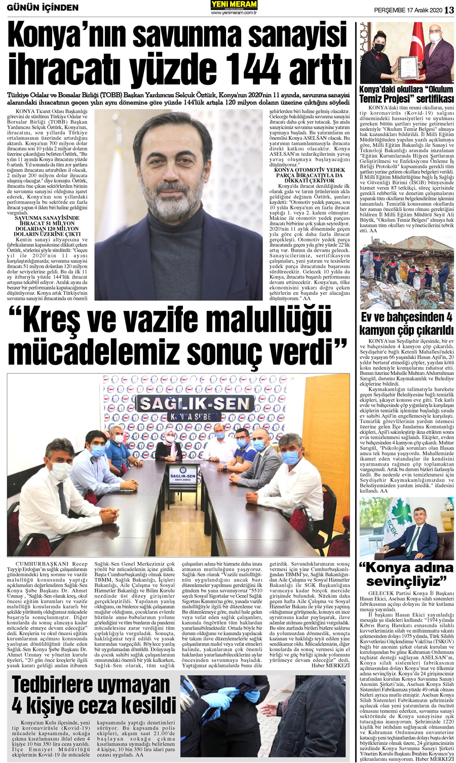 17 Aralık 2020 Yeni Meram Gazetesi