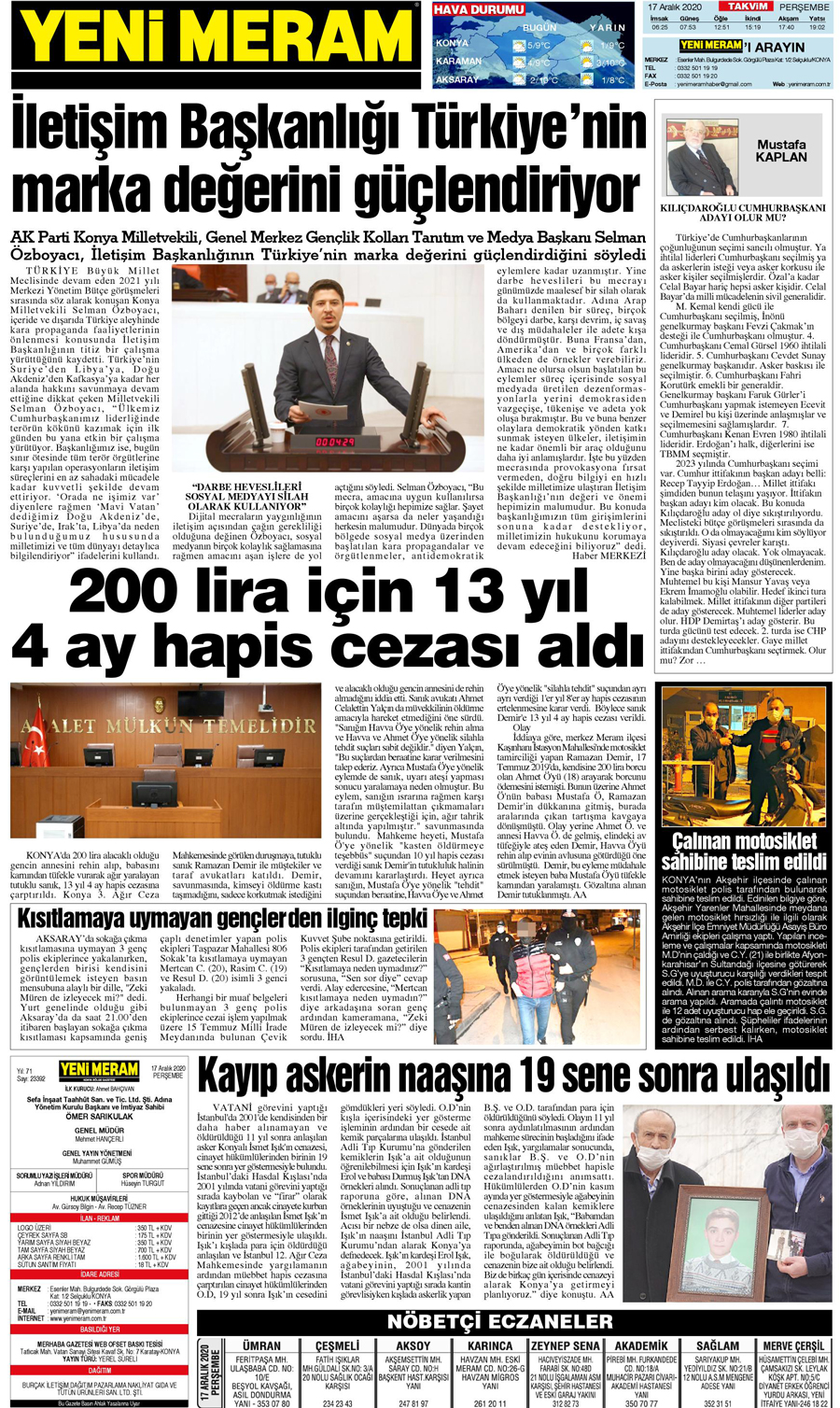 17 Aralık 2020 Yeni Meram Gazetesi