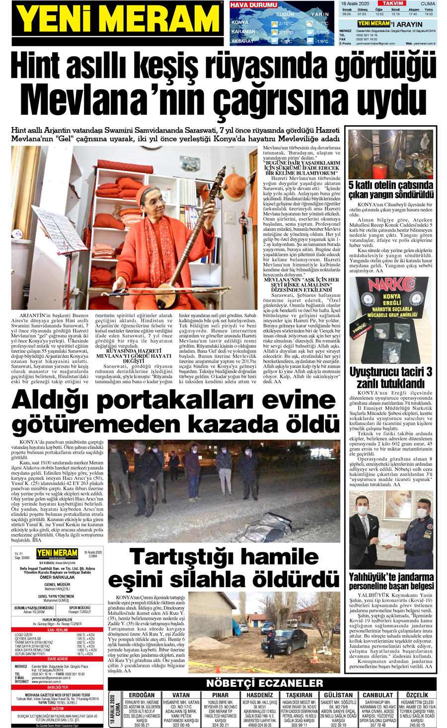 18 Aralık 2020 Yeni Meram Gazetesi