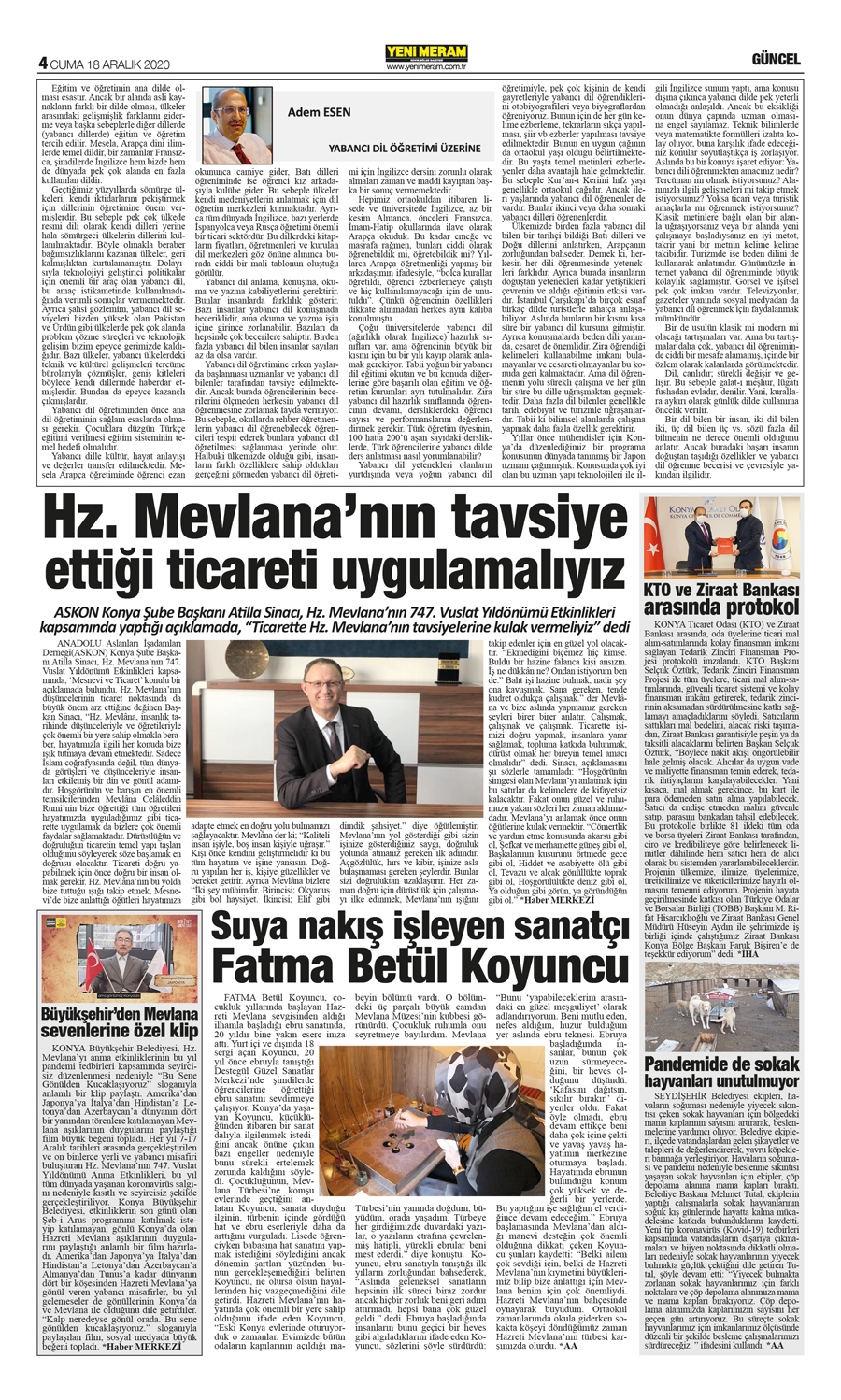 18 Aralık 2020 Yeni Meram Gazetesi