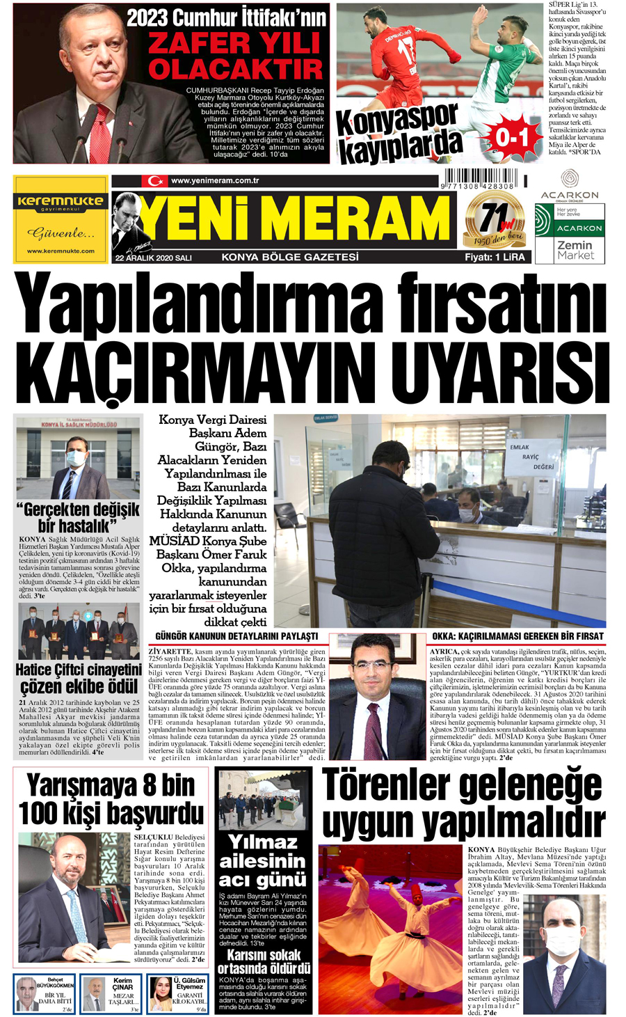 22 Aralık 2020 Yeni Meram Gazetesi