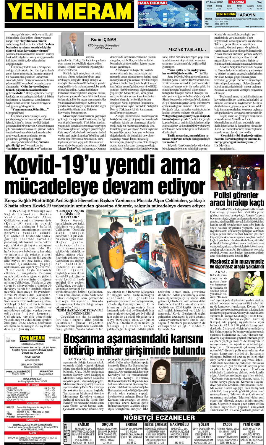 22 Aralık 2020 Yeni Meram Gazetesi