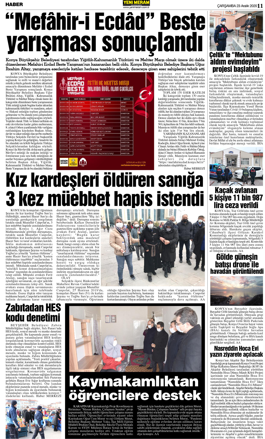 23 Aralık 2020 Yeni Meram Gazetesi