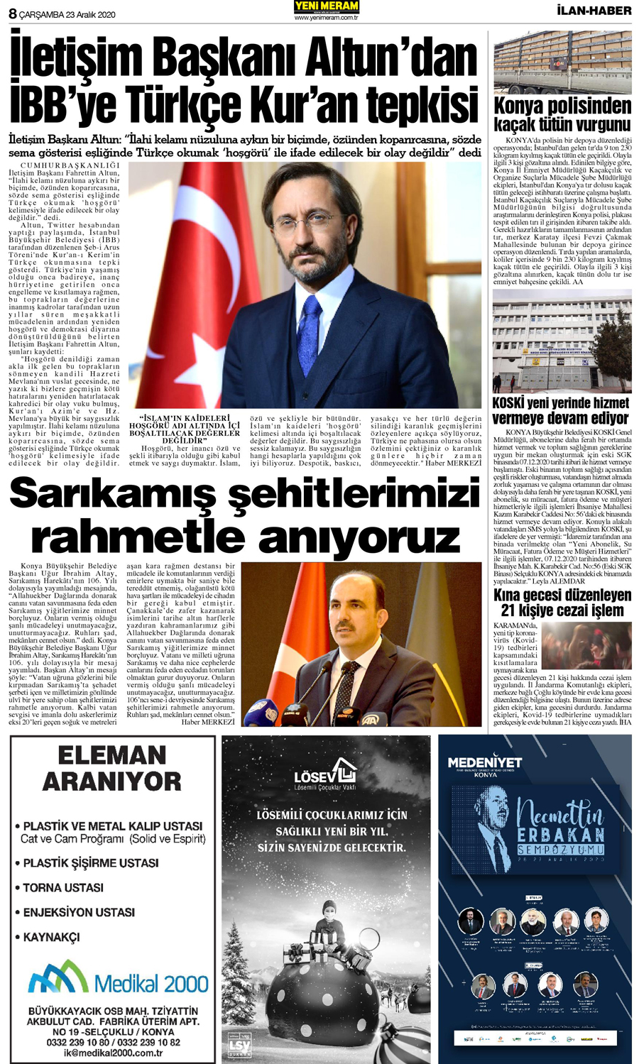 23 Aralık 2020 Yeni Meram Gazetesi