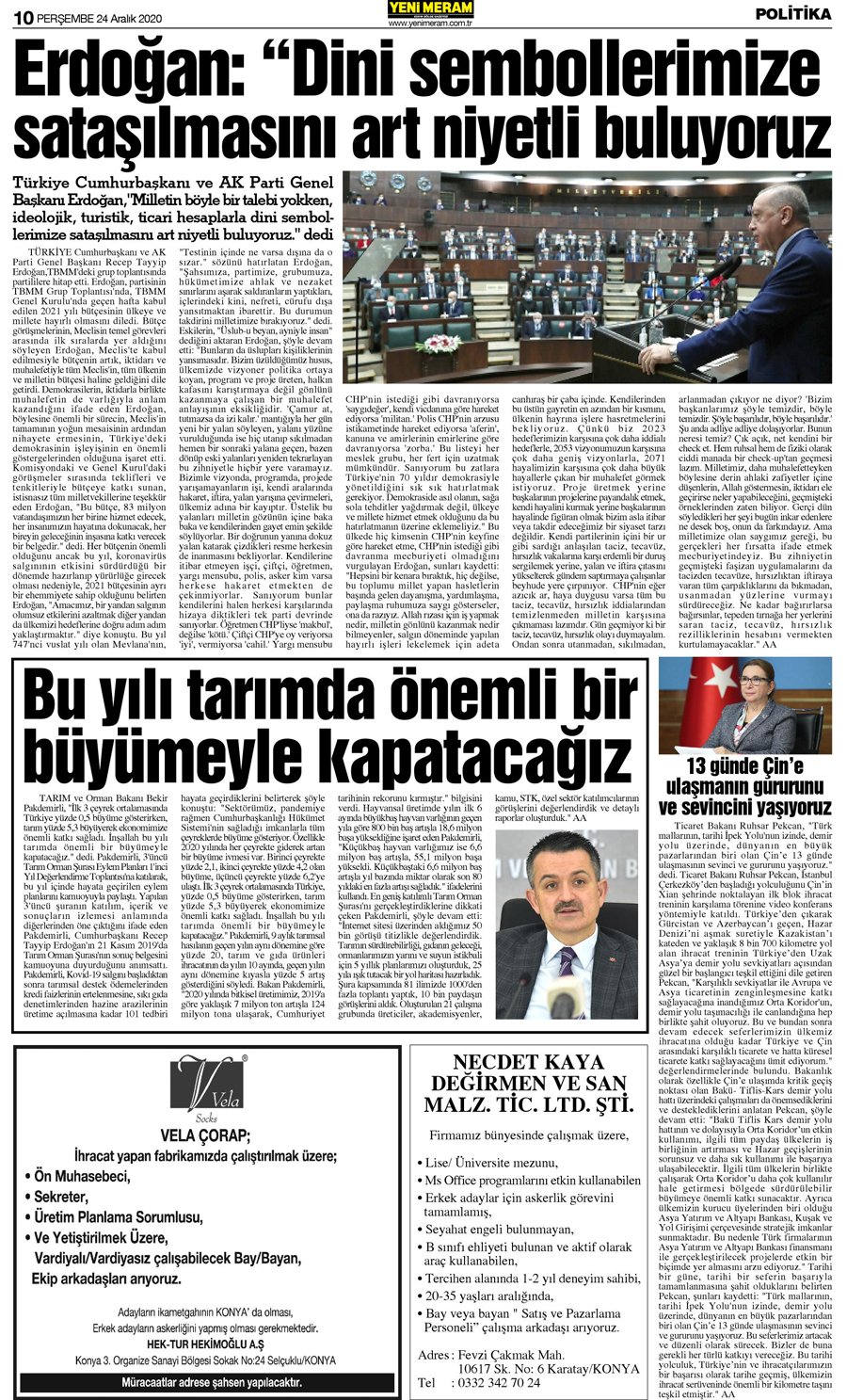 24 Aralık 2020 Yeni Meram Gazetesi