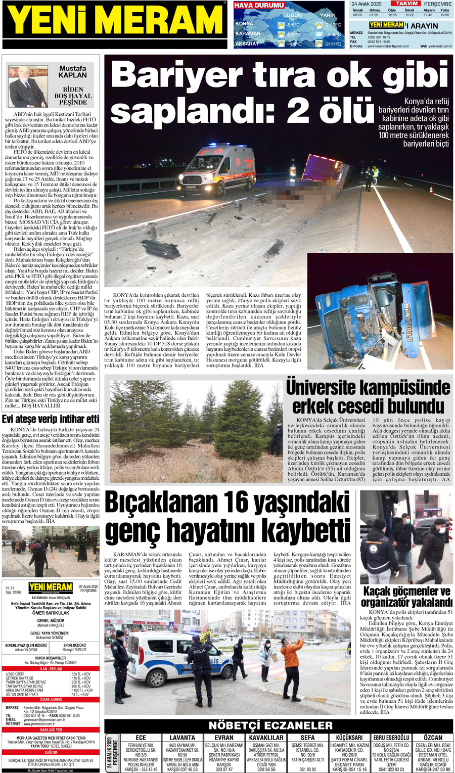 24 Aralık 2020 Yeni Meram Gazetesi