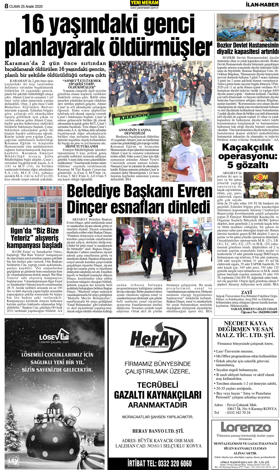 25 Aralık 2020 Yeni Meram Gazetesi