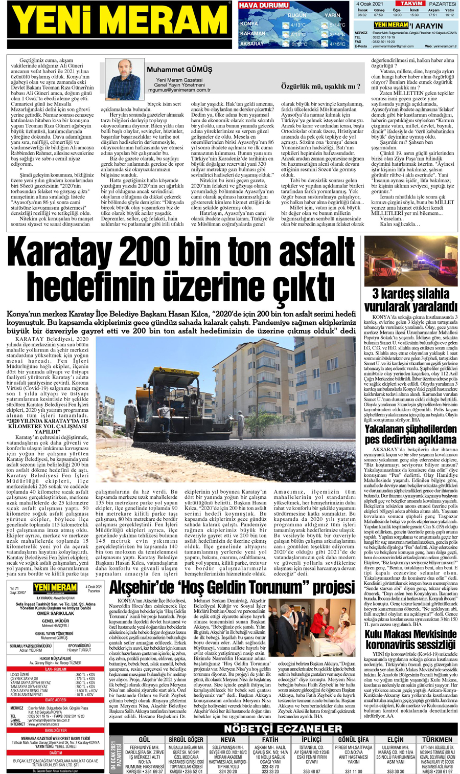 4 Ocak 2021 Yeni Meram Gazetesi