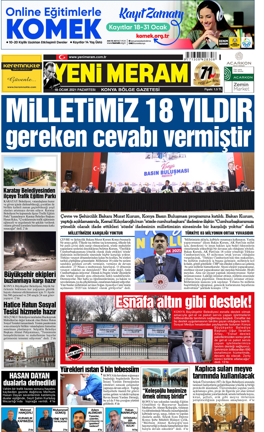 18 Ocak 2021 Yeni Meram Gazetesi