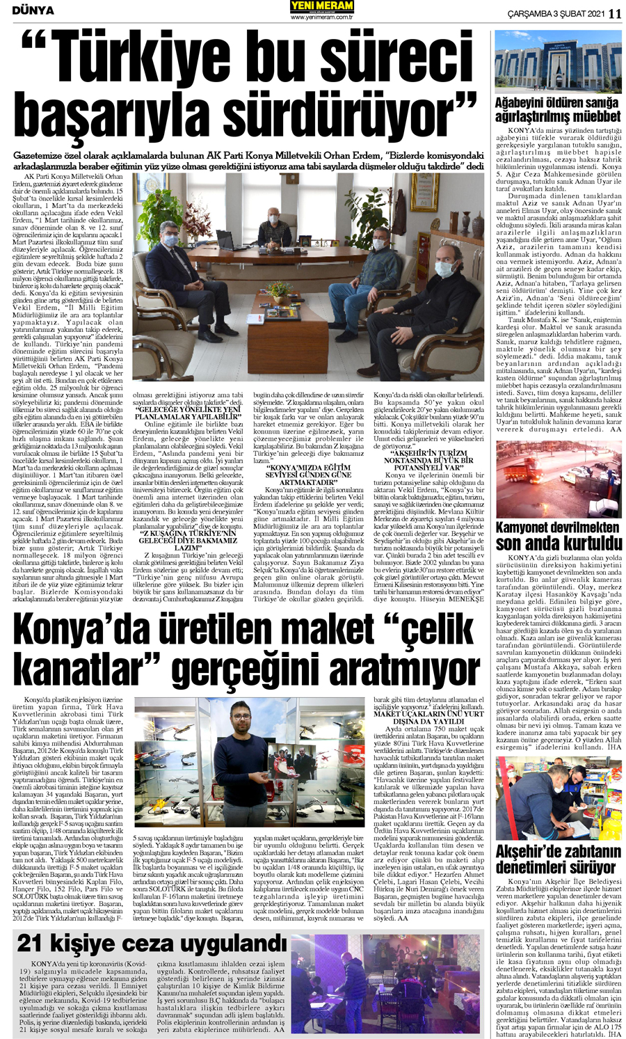 3 Şubat 2021 Yeni Meram Gazetesi