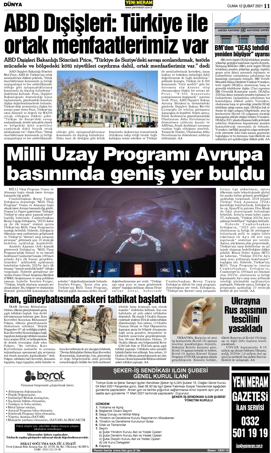 12 Şubat 2021 Yeni Meram Gazetesi