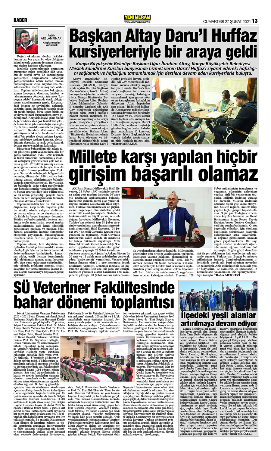 27 Şubat 2021 Yeni Meram Gazetesi