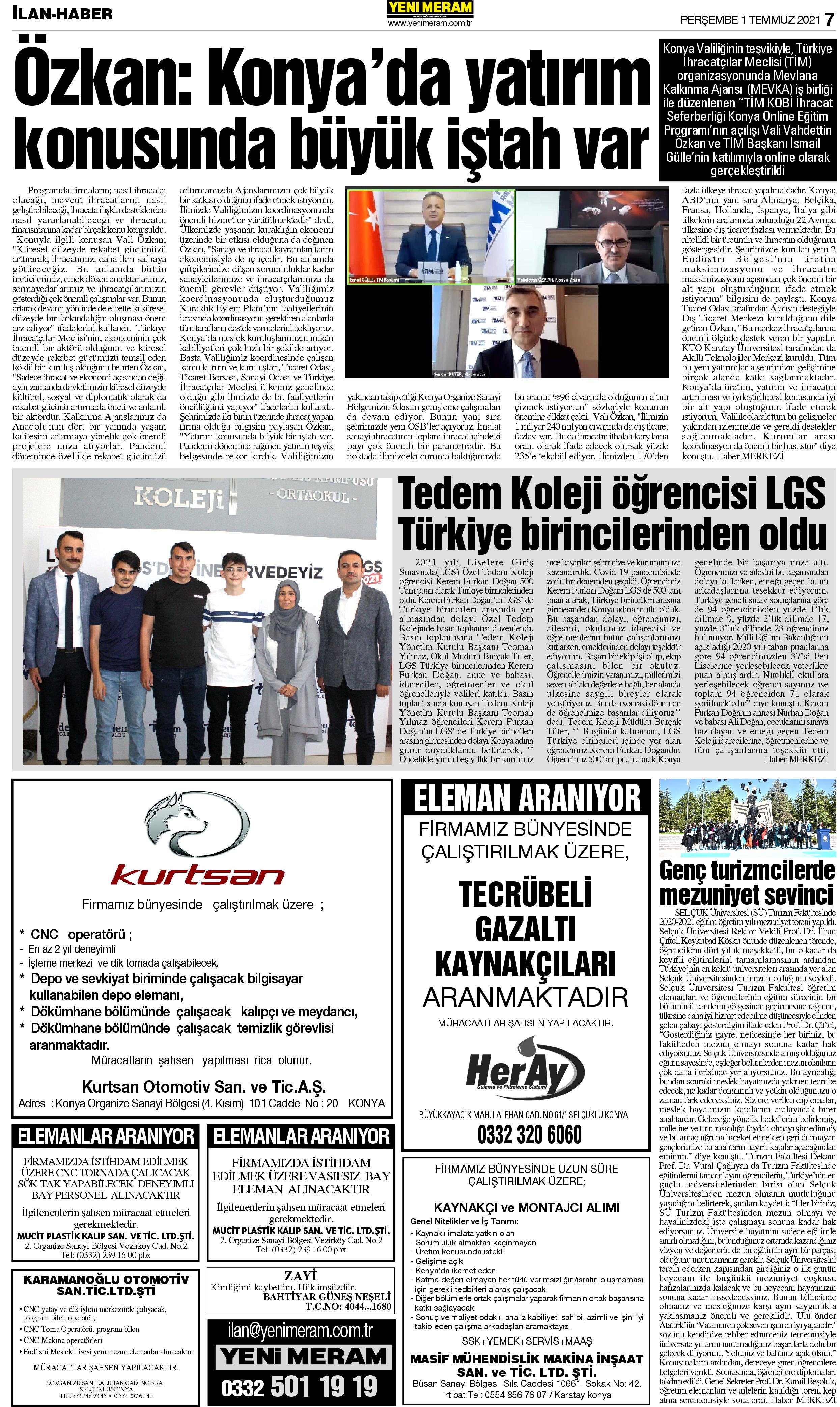 1 Temmuz 2021 Yeni Meram Gazetesi
