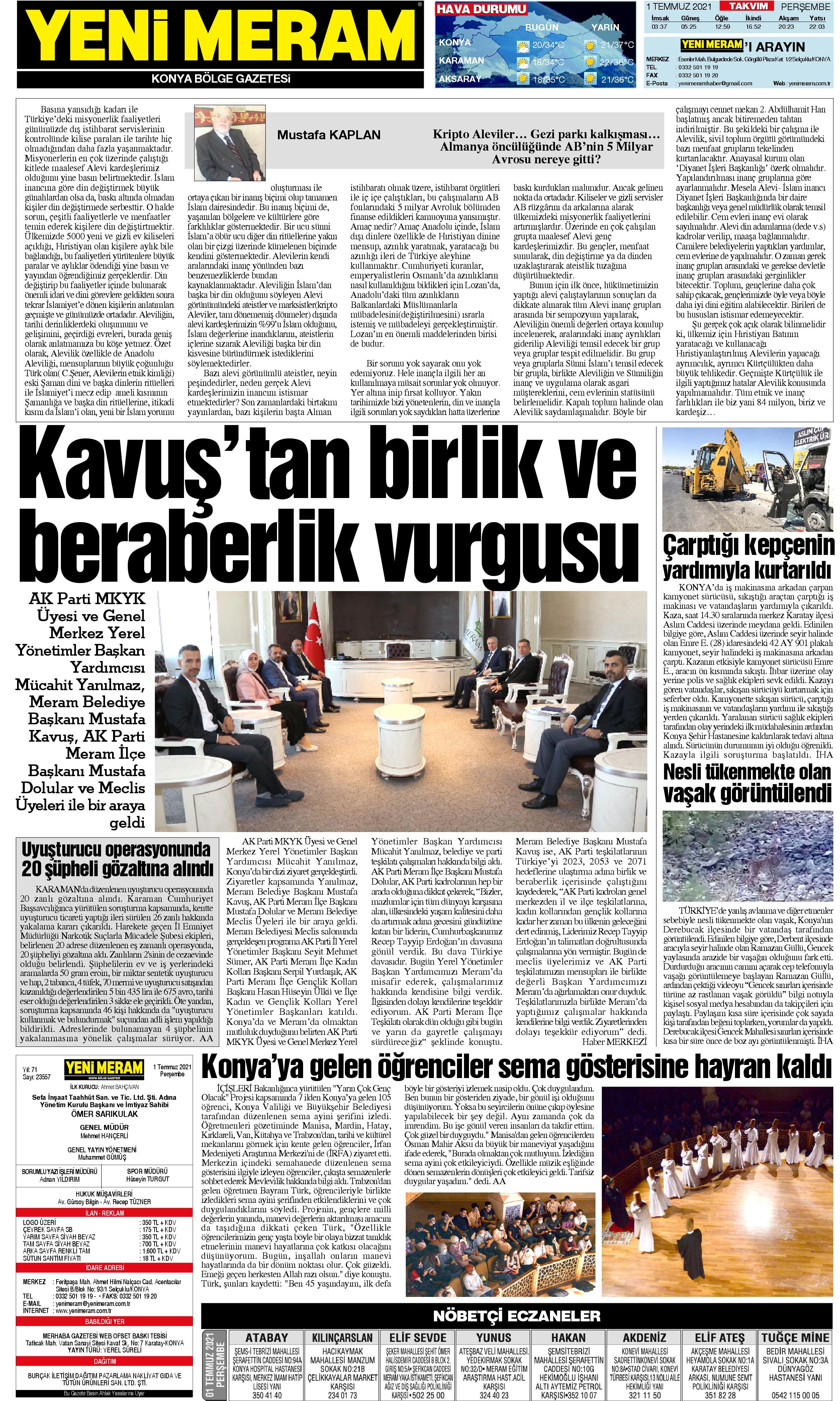 1 Temmuz 2021 Yeni Meram Gazetesi
