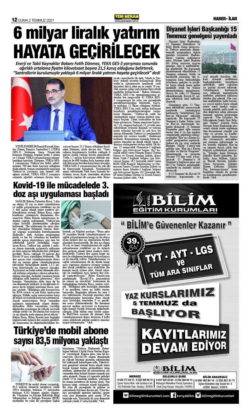 2 Temmuz 2021 Yeni Meram Gazetesi
