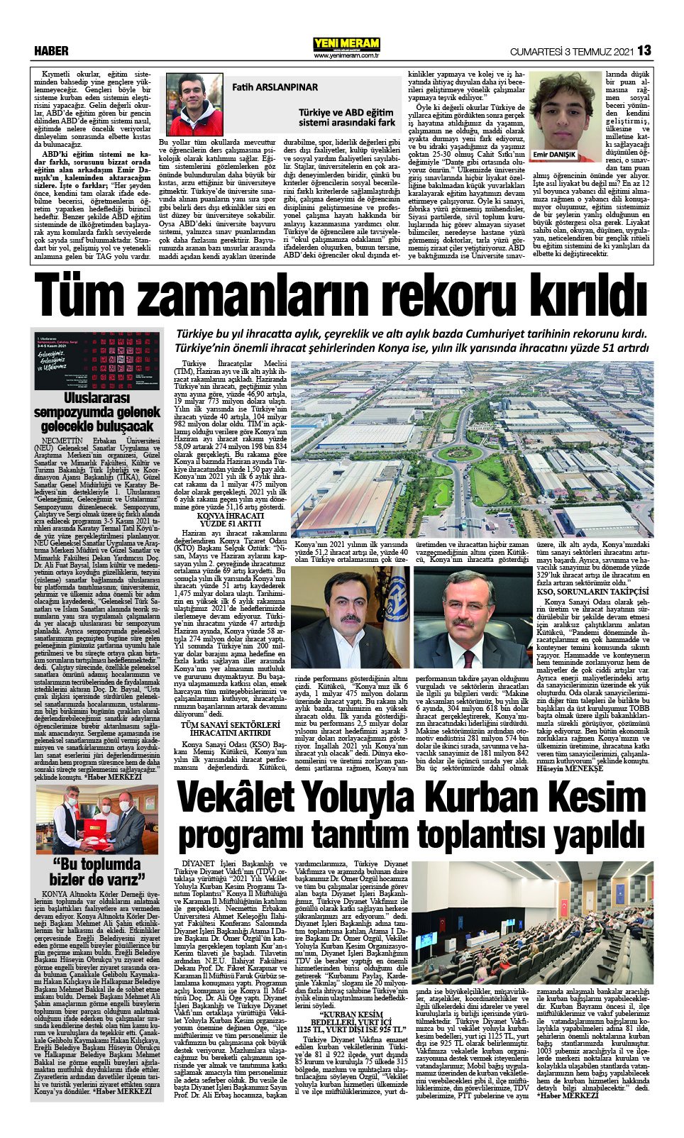 3 Temmuz 2021 Yeni Meram Gazetesi
