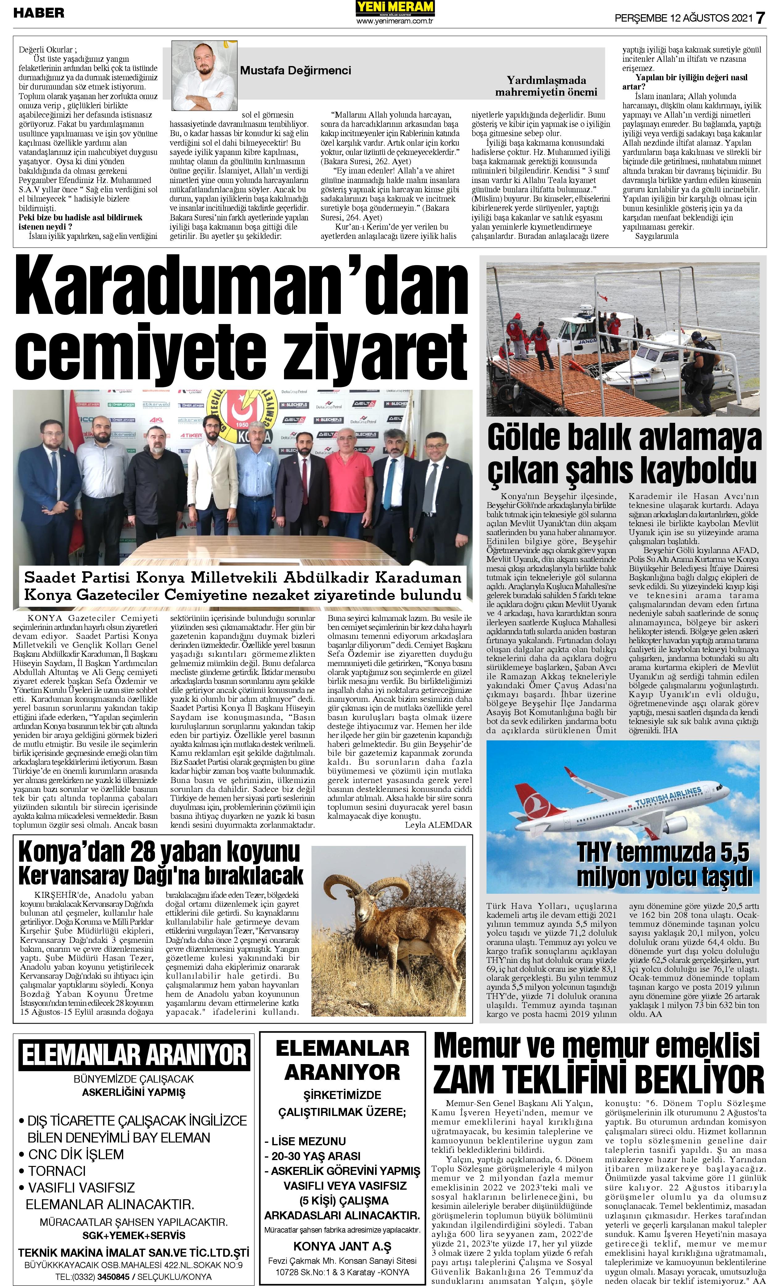 12 Ağustos 2021 Yeni Meram Gazetesi
