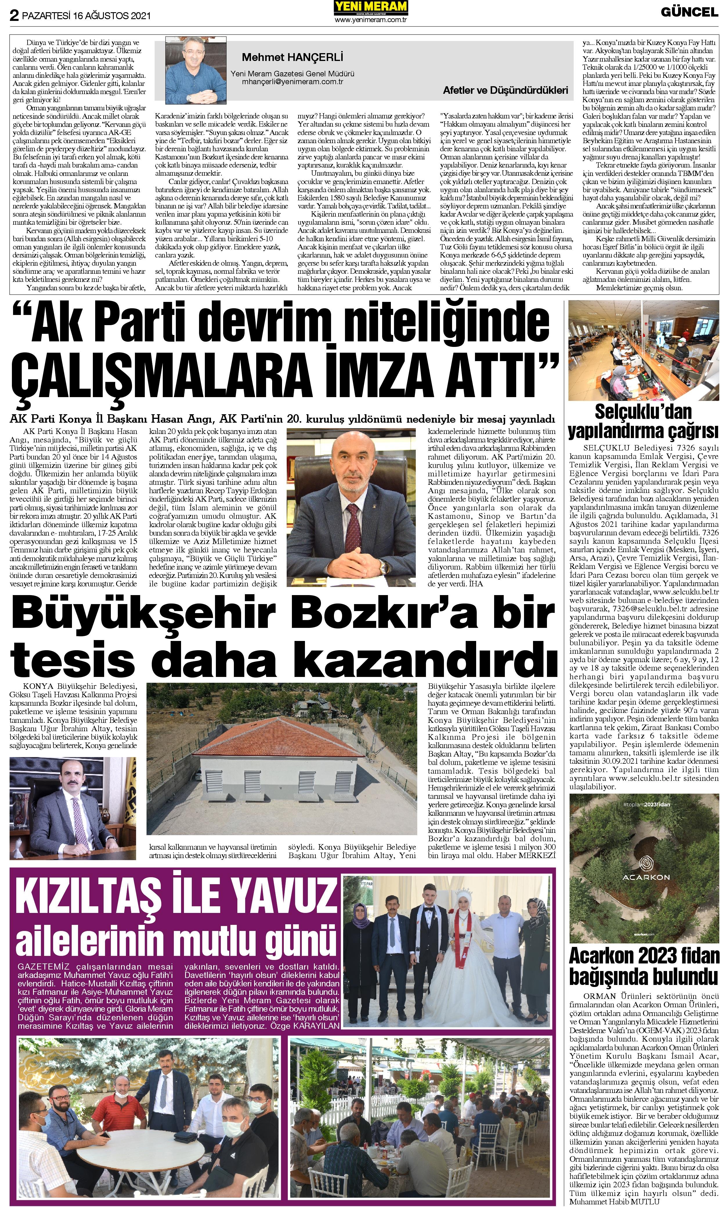 16 Ağustos 2021 Yeni Meram Gazetesi
