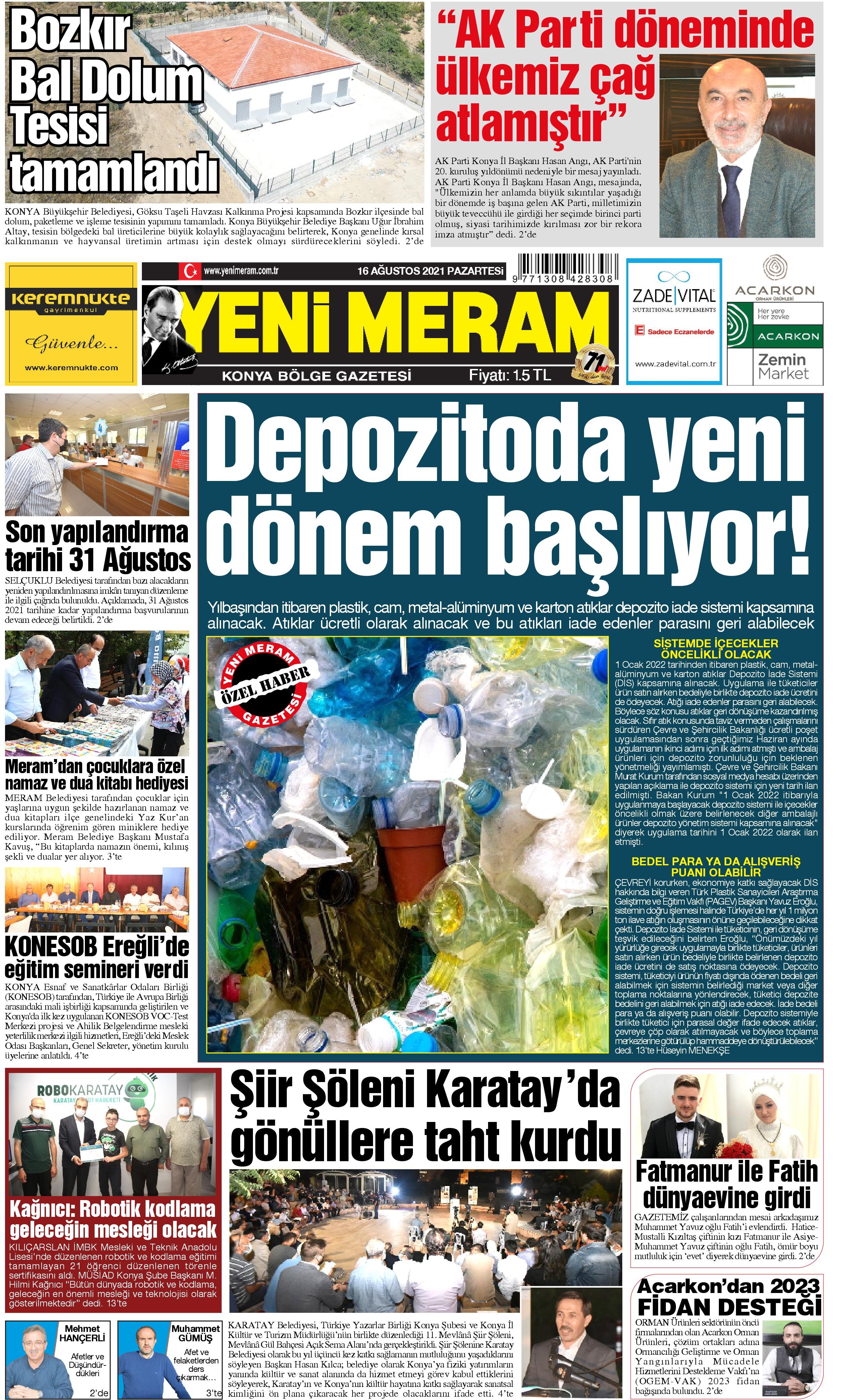 16 Ağustos 2021 Yeni Meram Gazetesi
