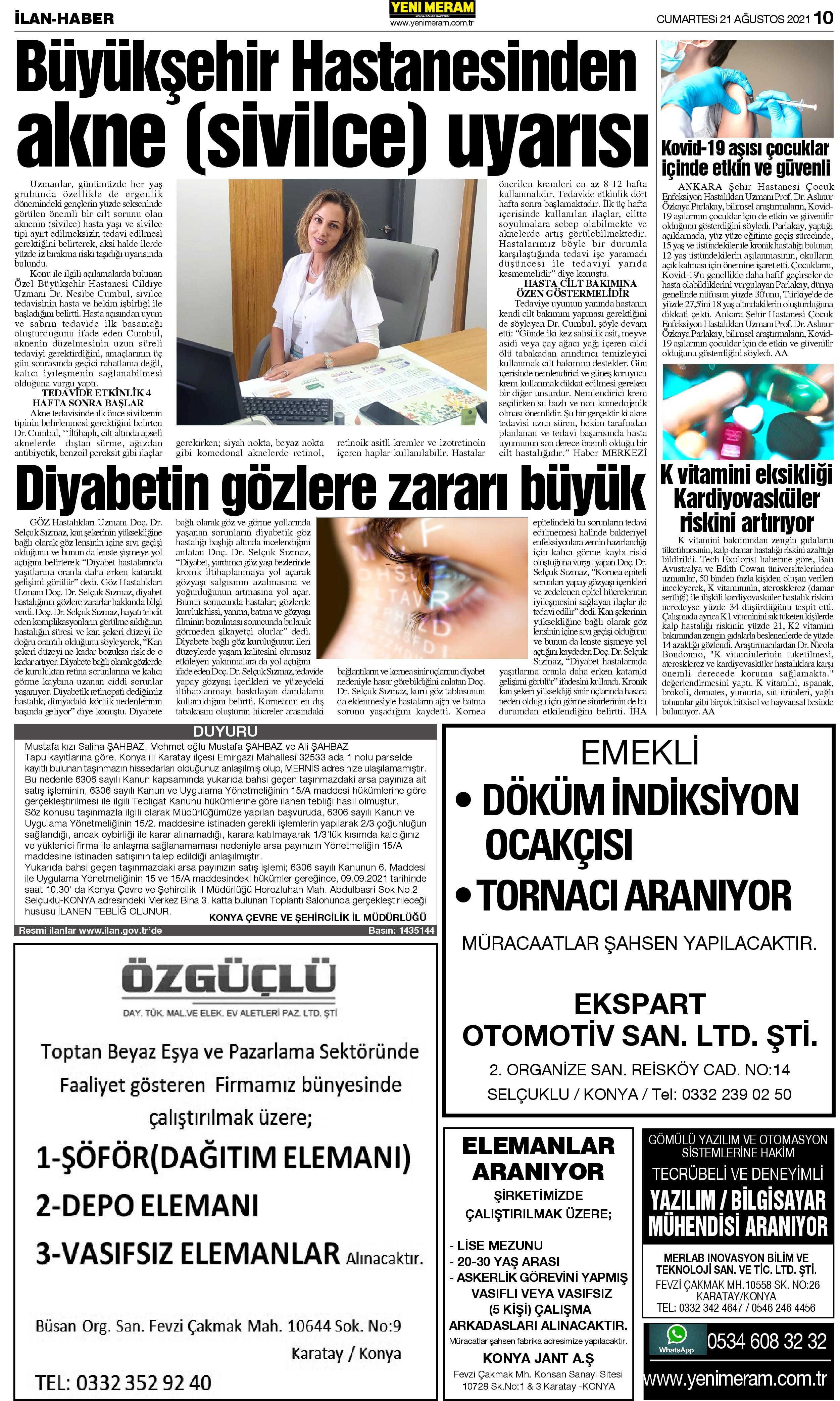 21 Ağustos 2021 Yeni Meram Gazetesi