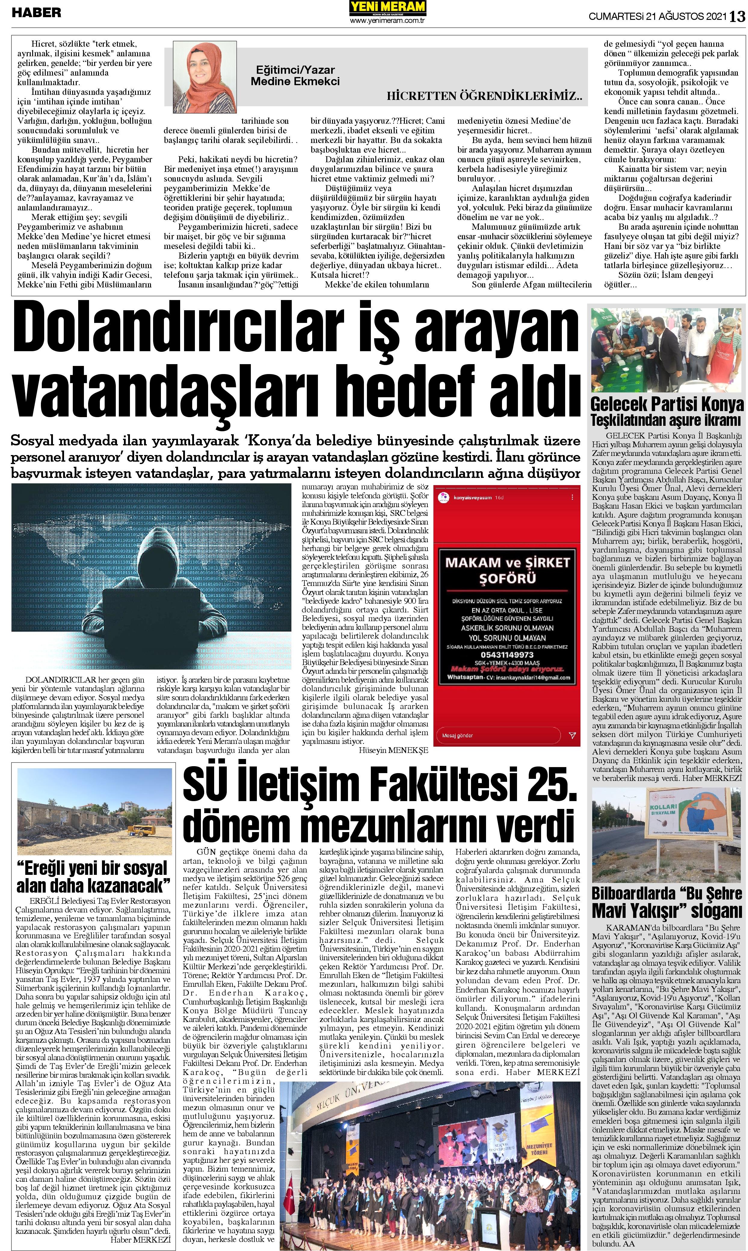 21 Ağustos 2021 Yeni Meram Gazetesi