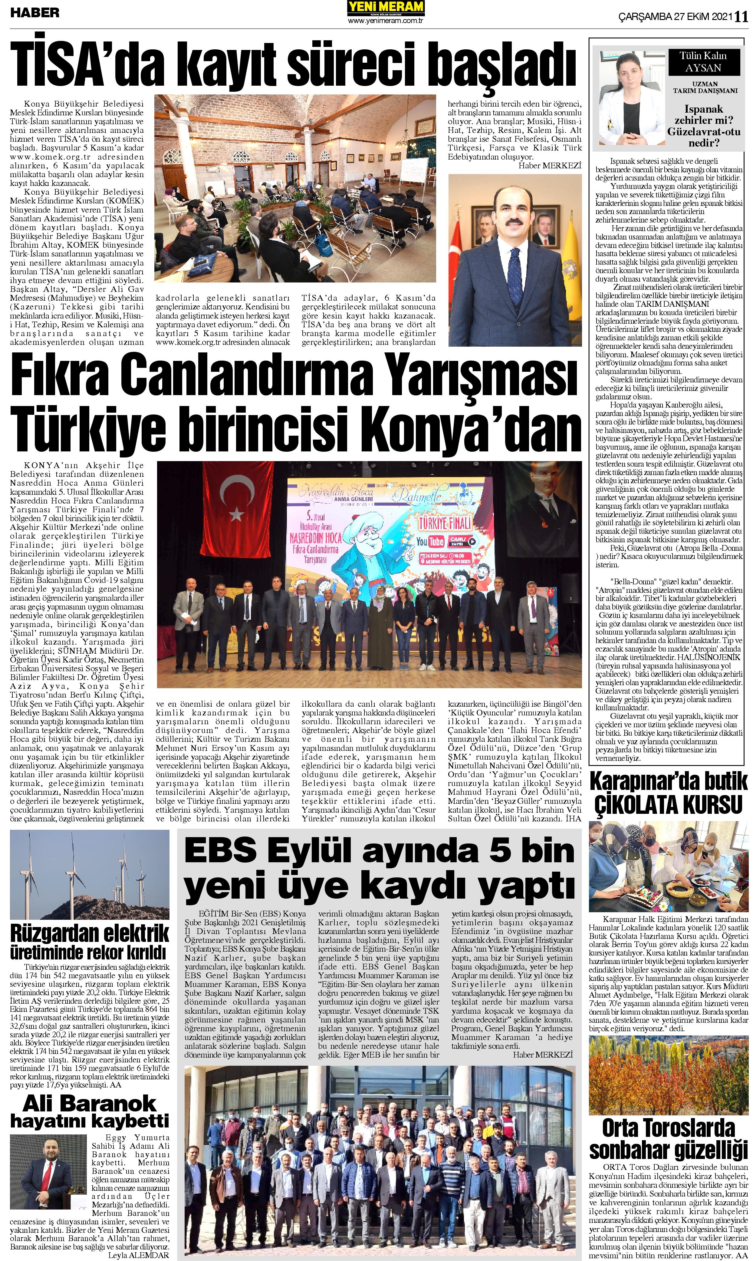 27 Ekim 2021 Yeni Meram Gazetesi
