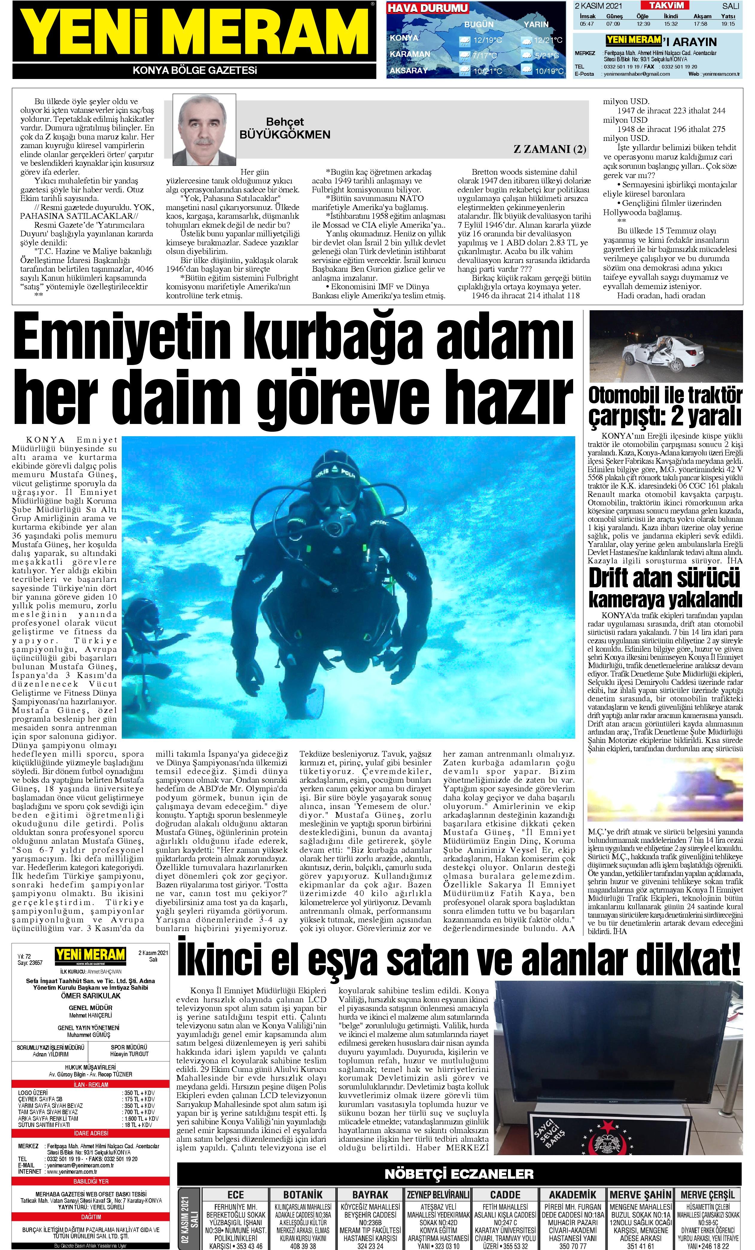 2 Kasım 2021 Yeni Meram Gazetesi