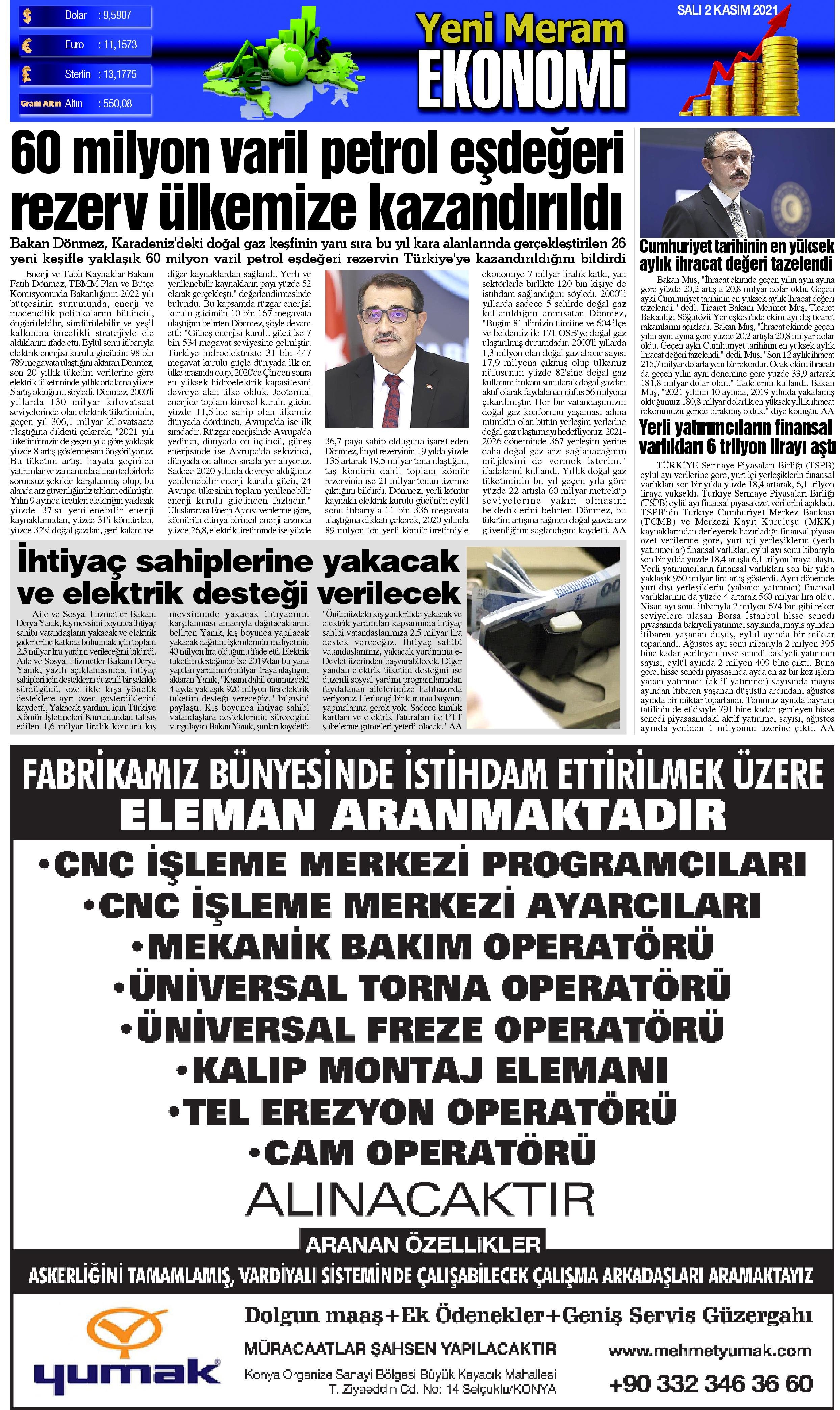 2 Kasım 2021 Yeni Meram Gazetesi