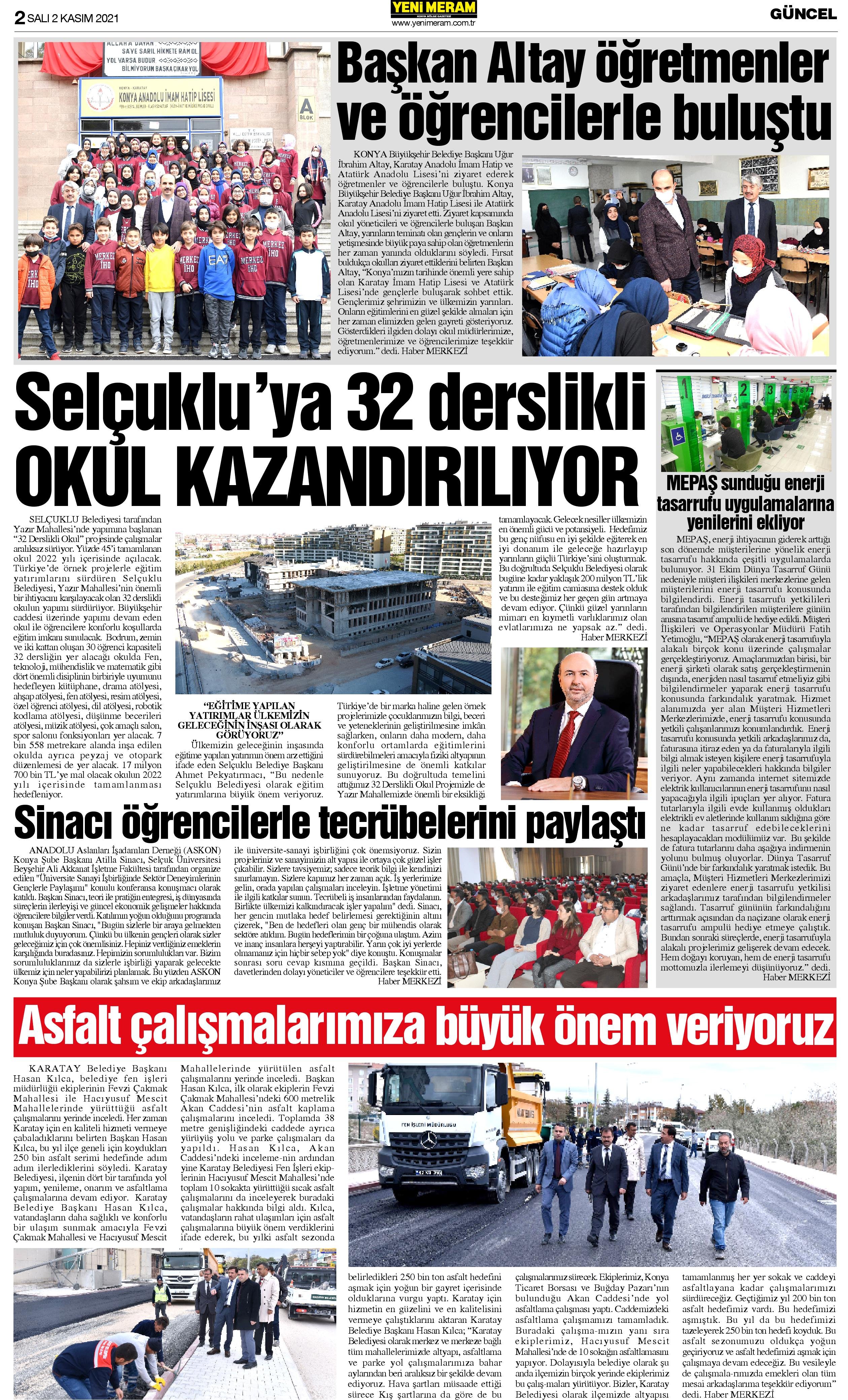 2 Kasım 2021 Yeni Meram Gazetesi