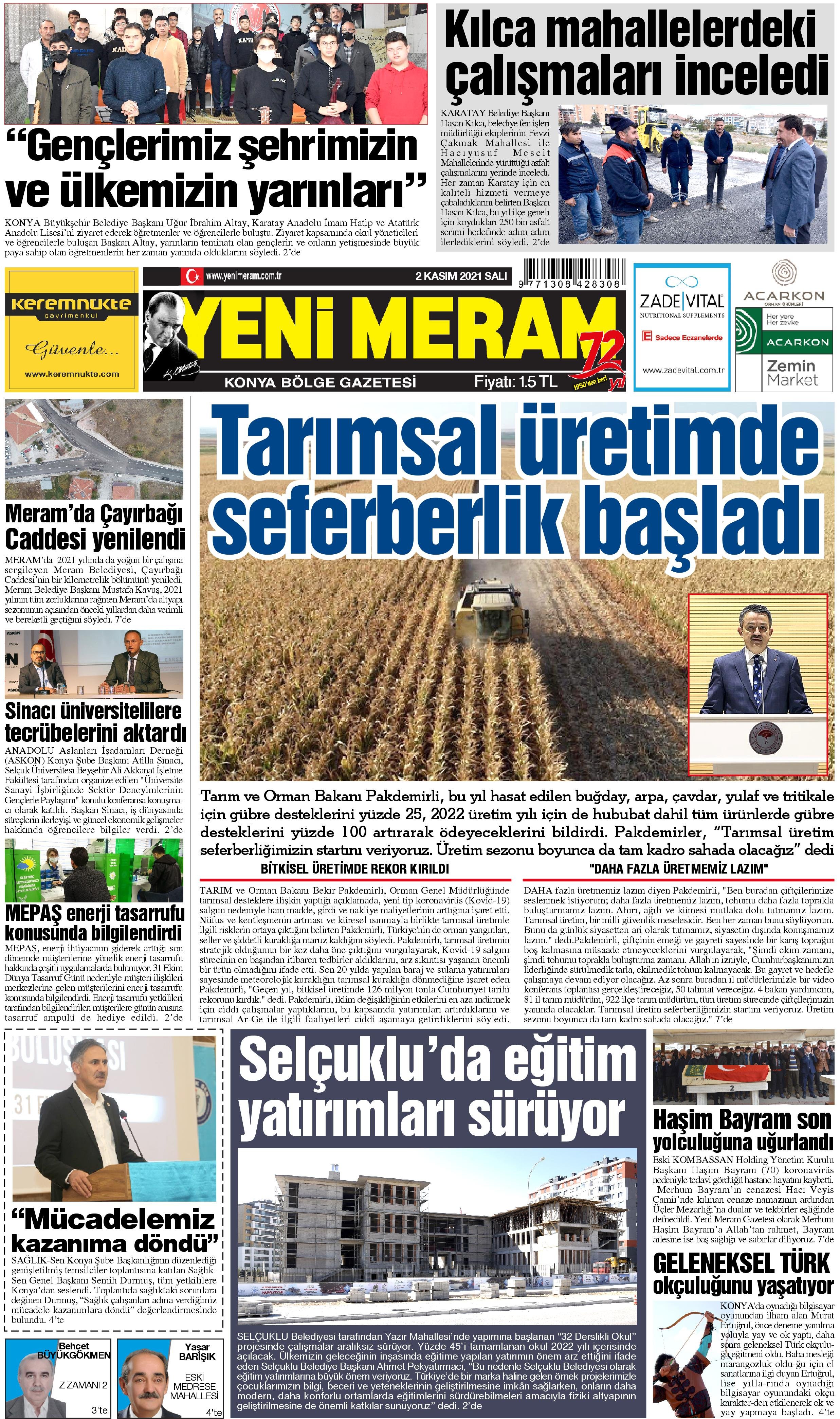 2 Kasım 2021 Yeni Meram Gazetesi