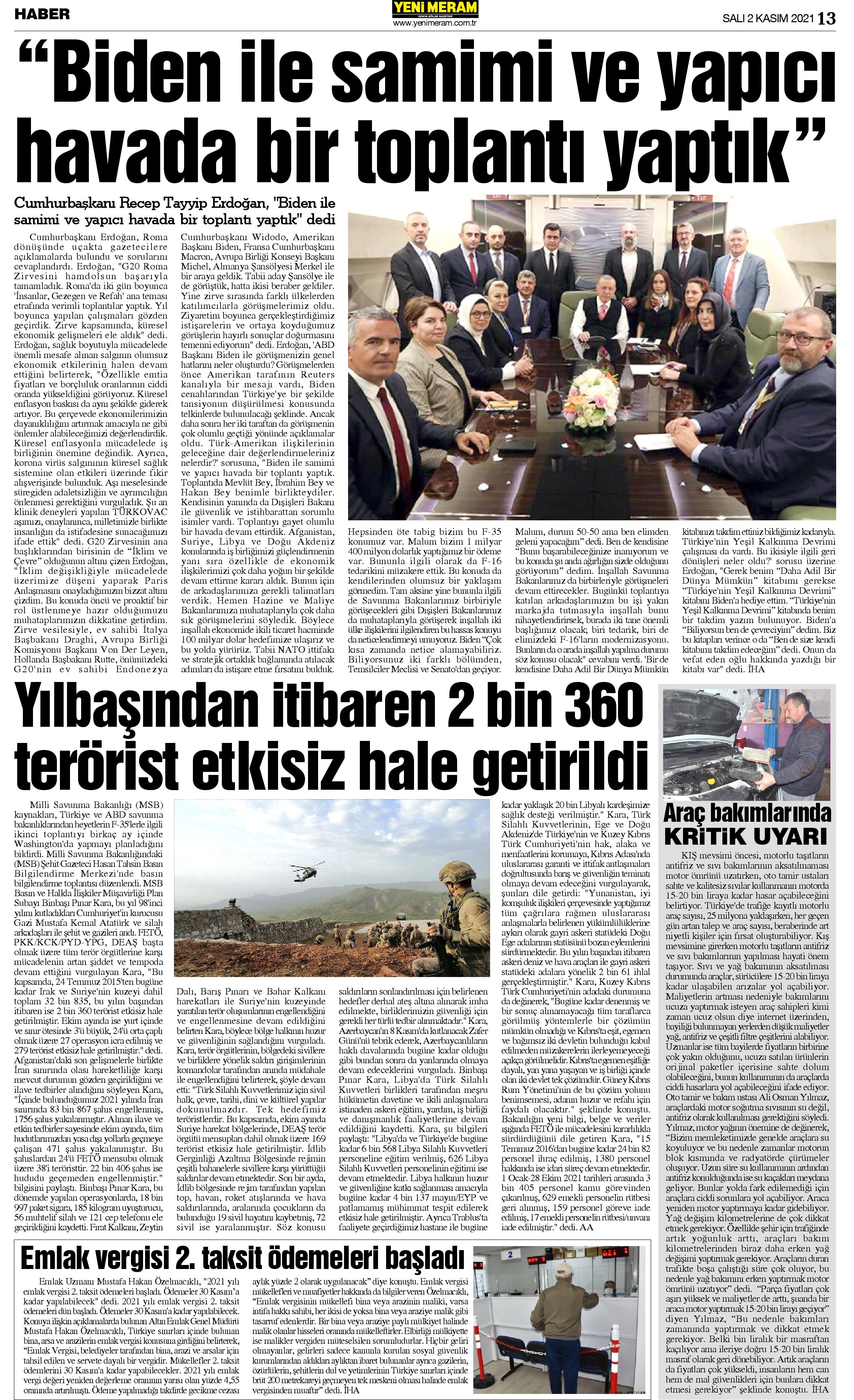 2 Kasım 2021 Yeni Meram Gazetesi