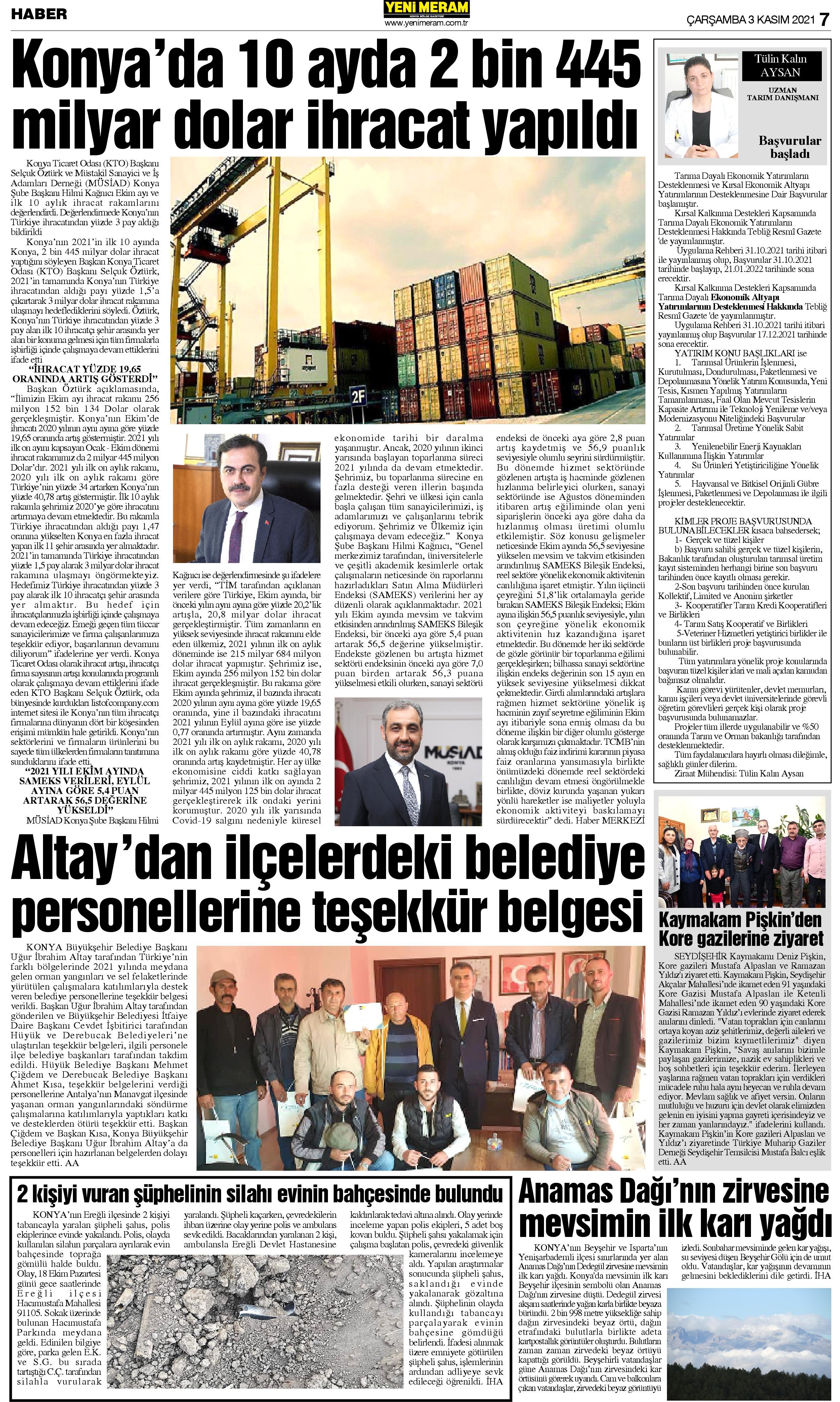 3 Kasım 2021 Yeni Meram Gazetesi