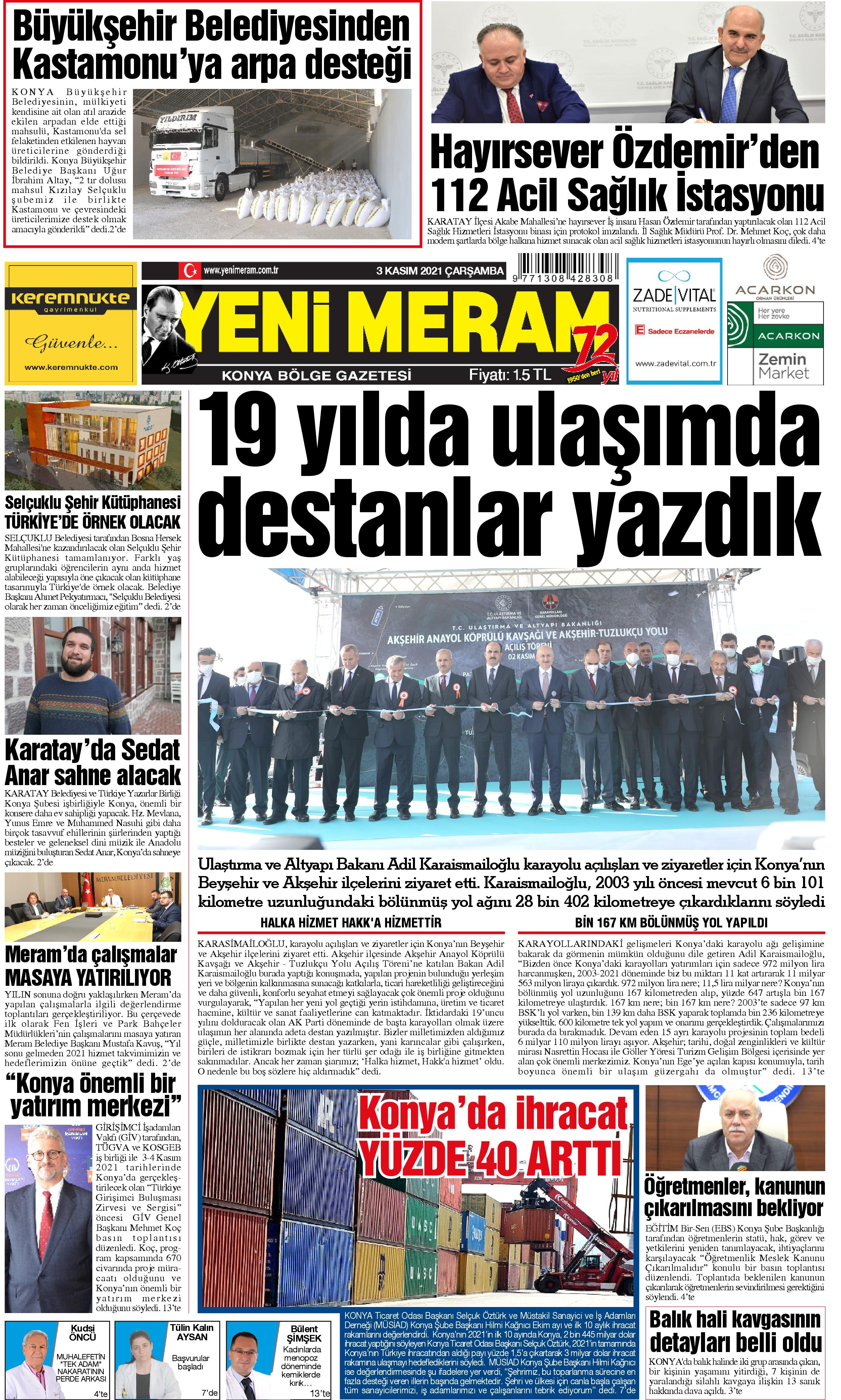 3 Kasım 2021 Yeni Meram Gazetesi