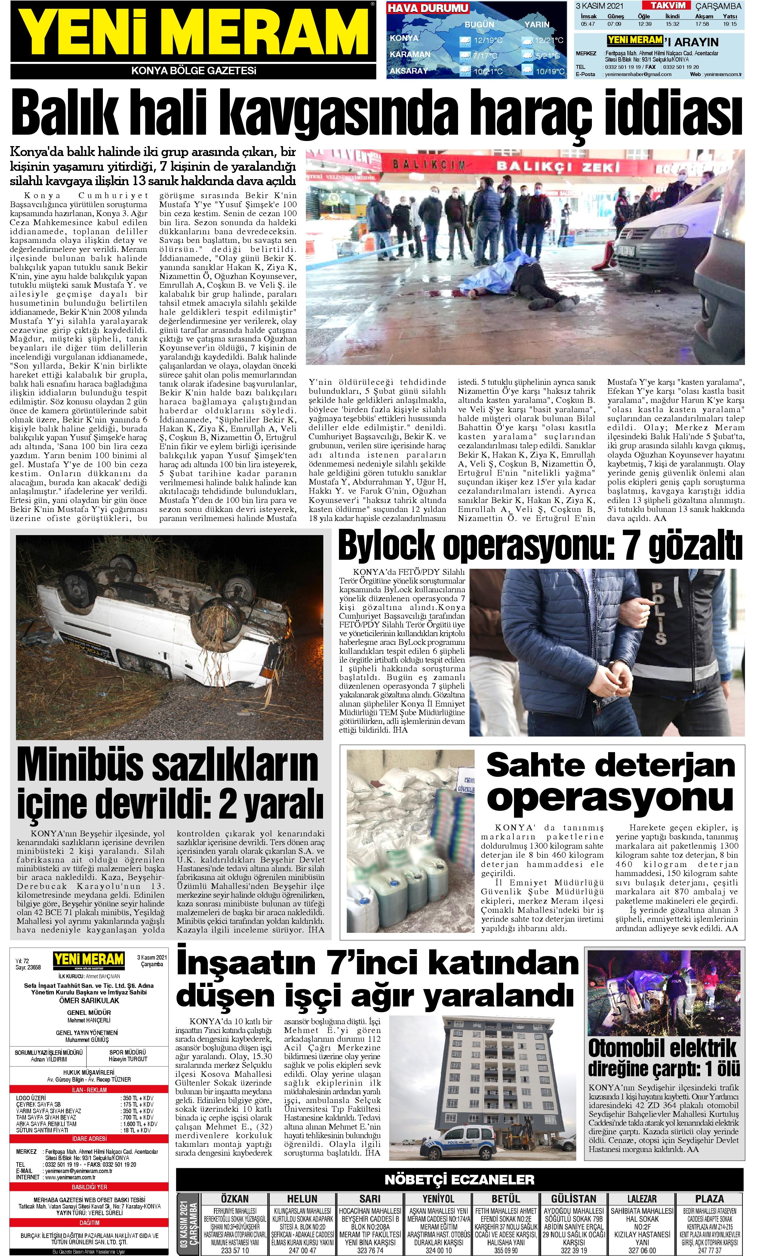 3 Kasım 2021 Yeni Meram Gazetesi