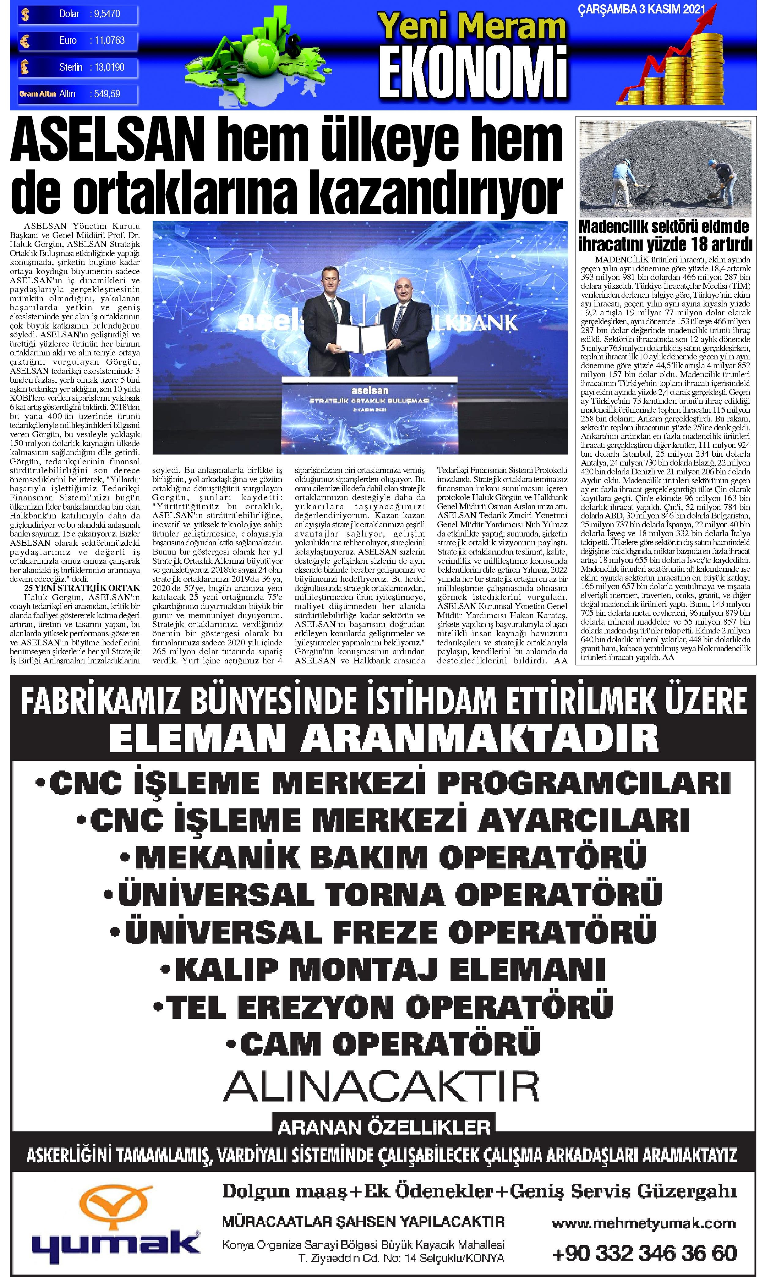 3 Kasım 2021 Yeni Meram Gazetesi