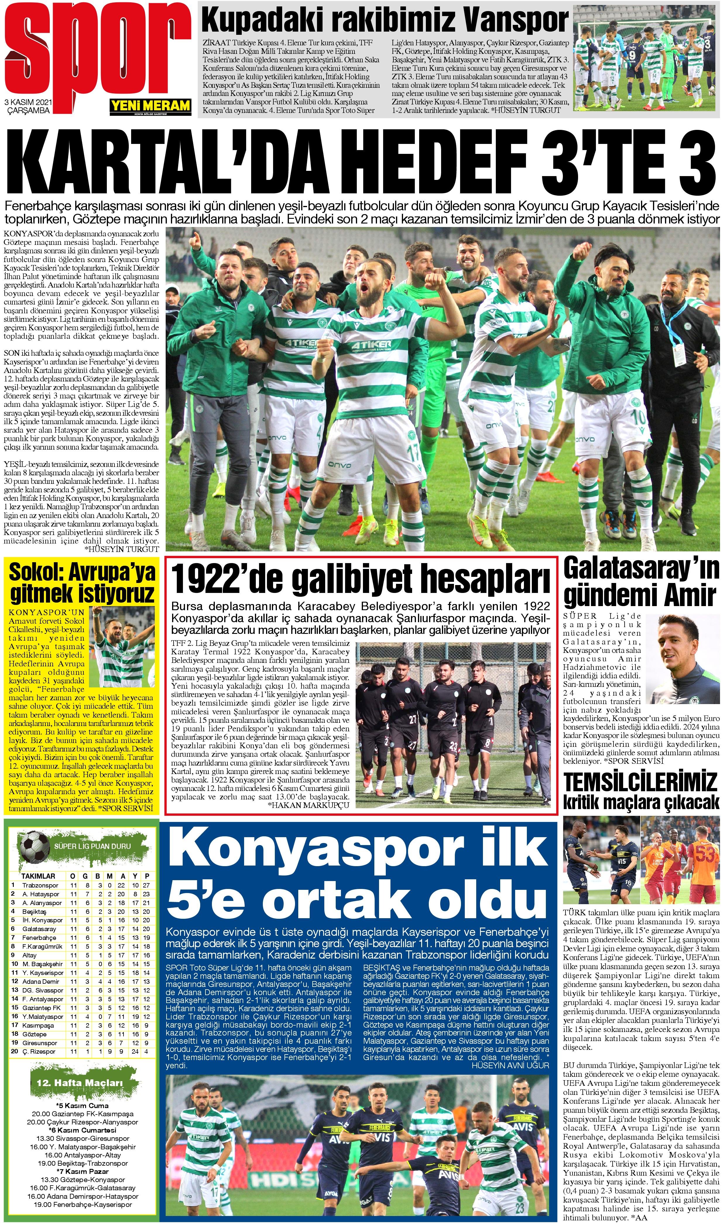 3 Kasım 2021 Yeni Meram Gazetesi